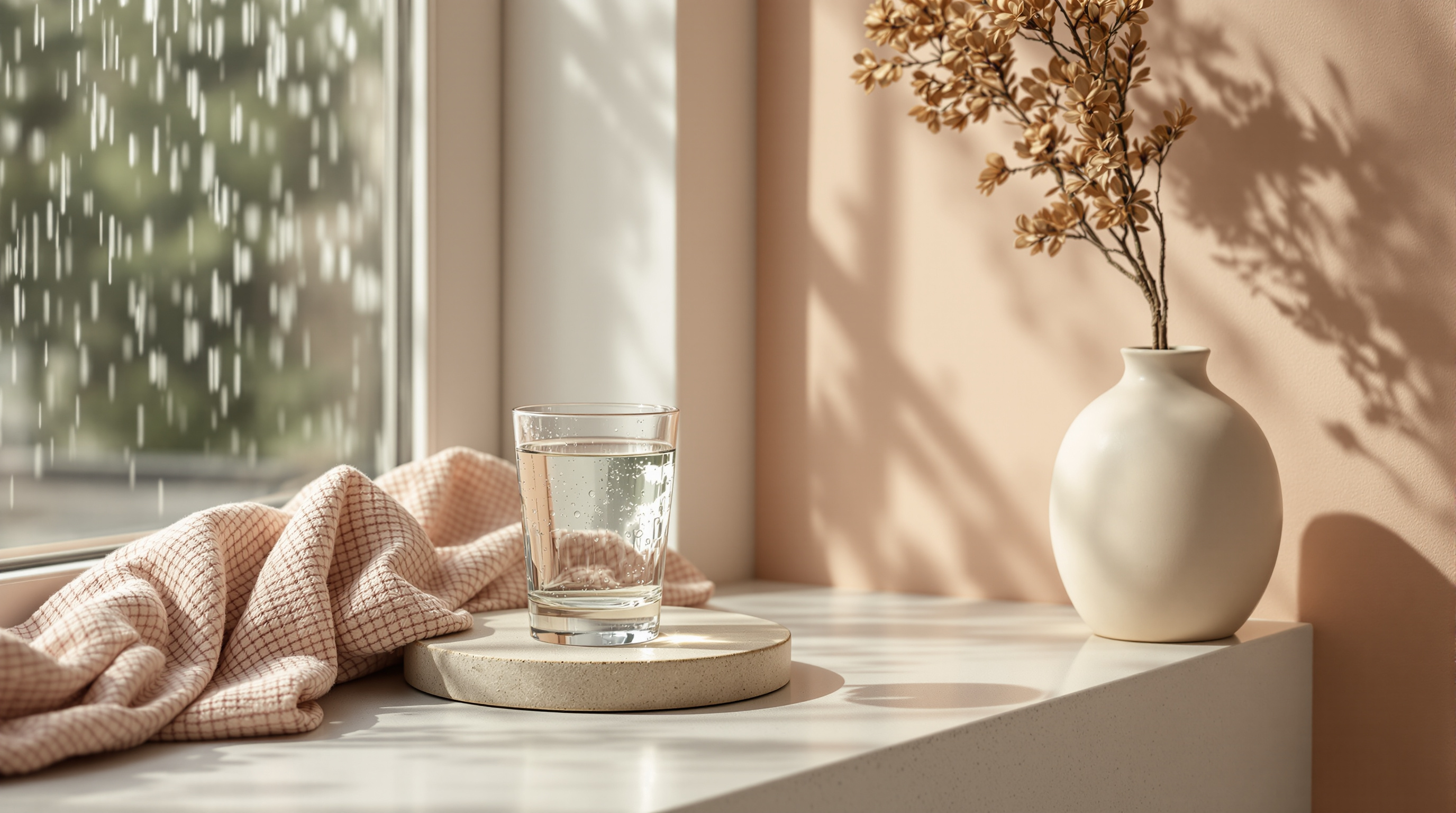 A plain glass of water on pale stone, a close view