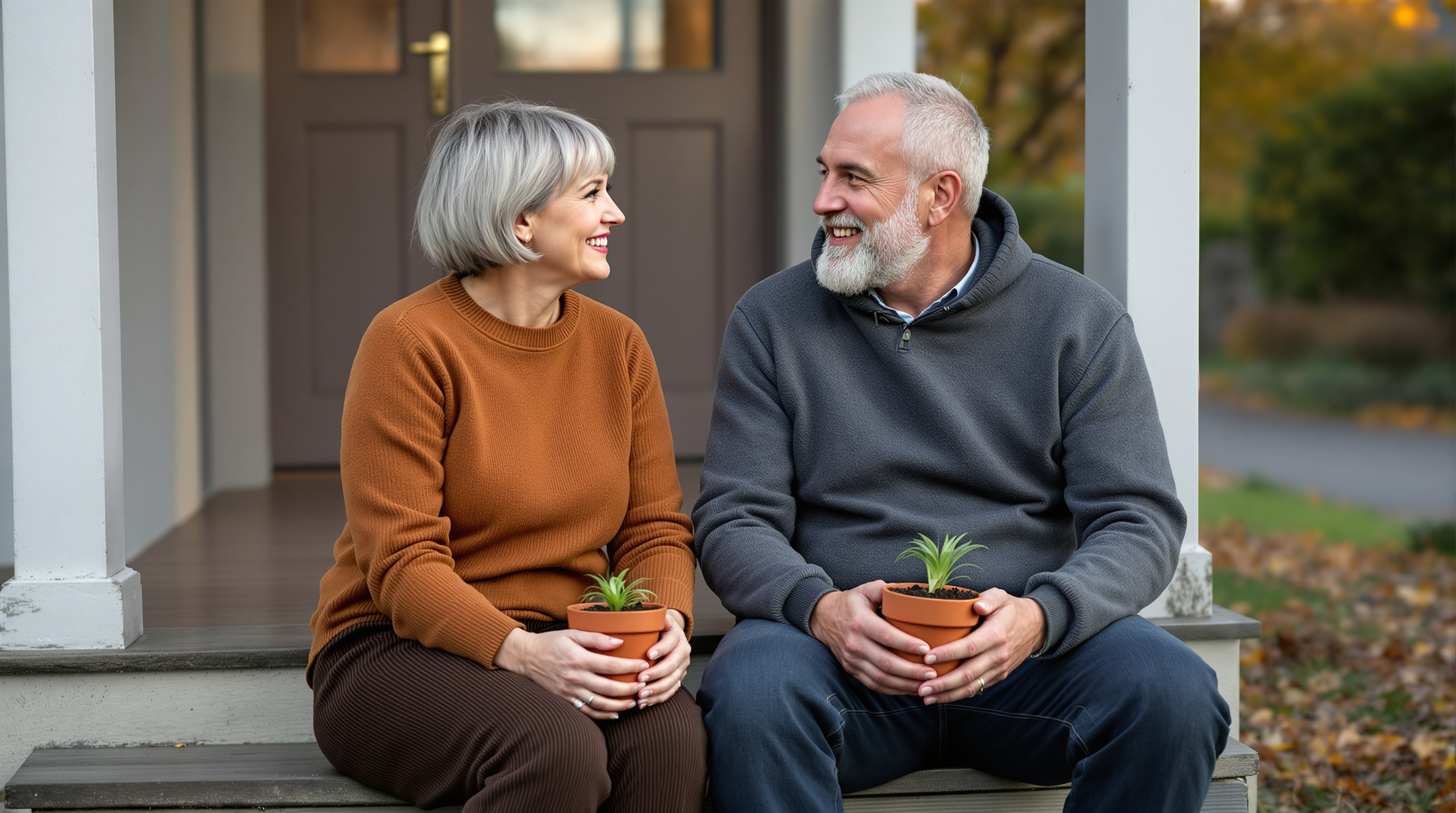 Two friends sit together on the front steps of a house holding a pot of seedlings