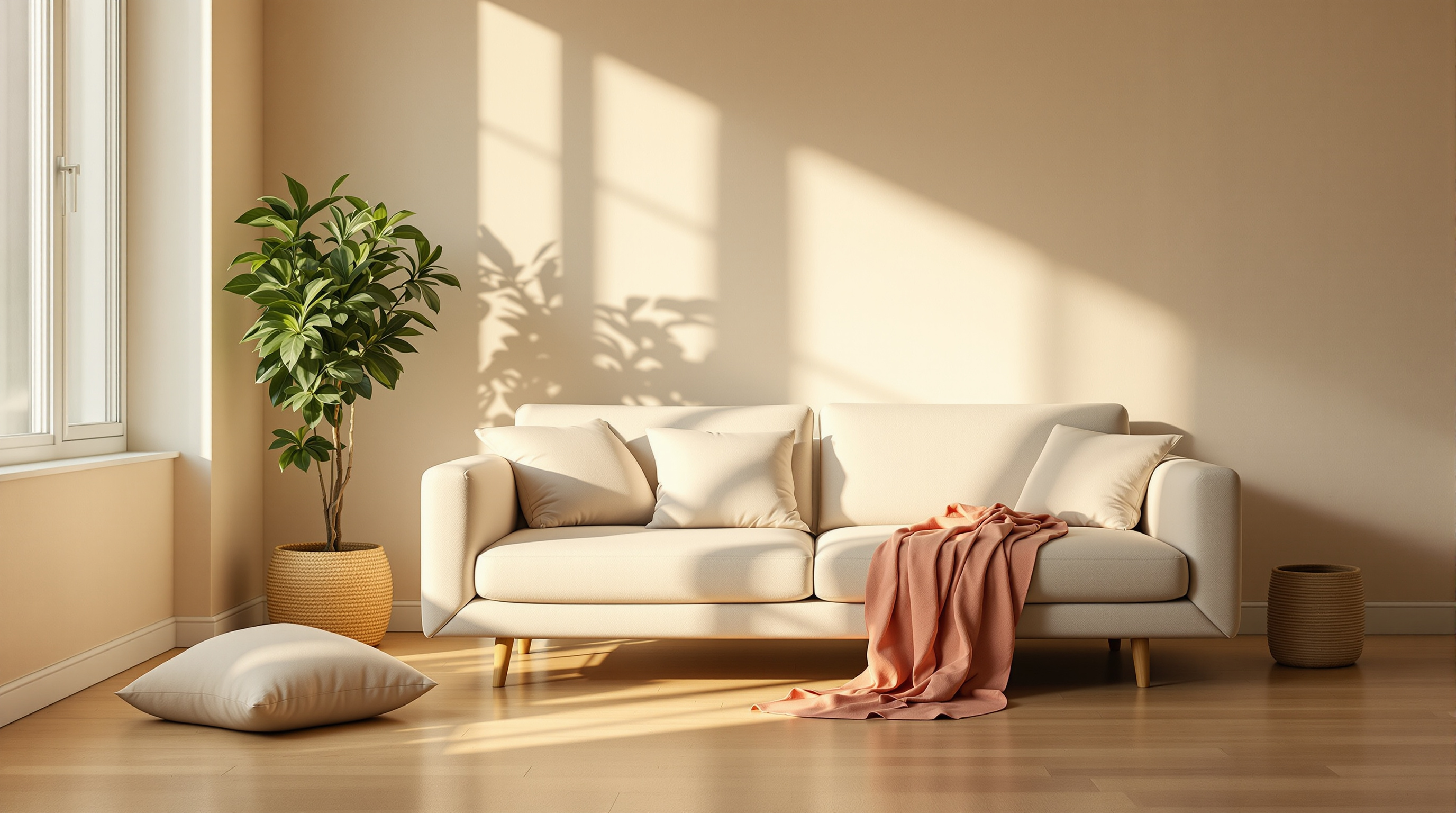 An empty sofa in a quiet living room with a folded scarf