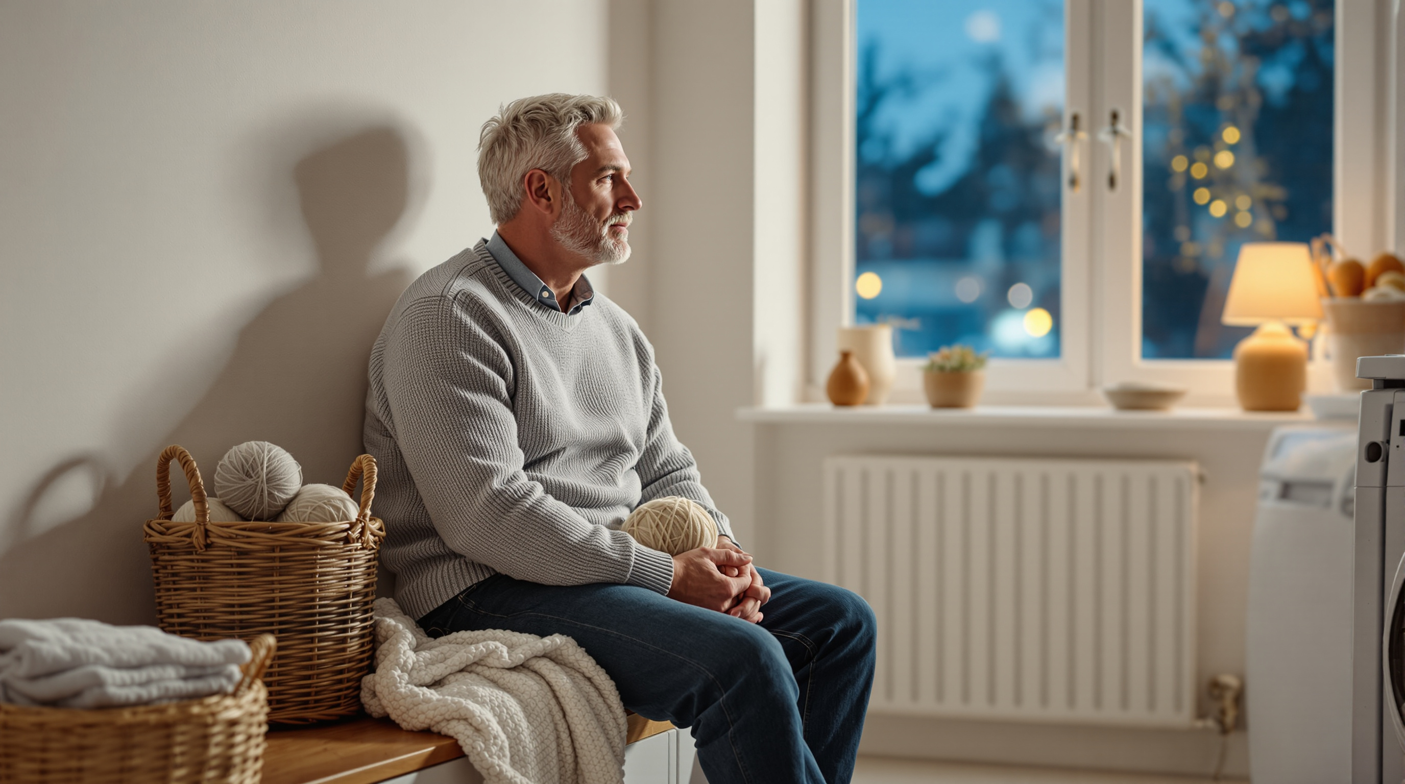 A man sits on a bench in a utility room with a ball of yarn