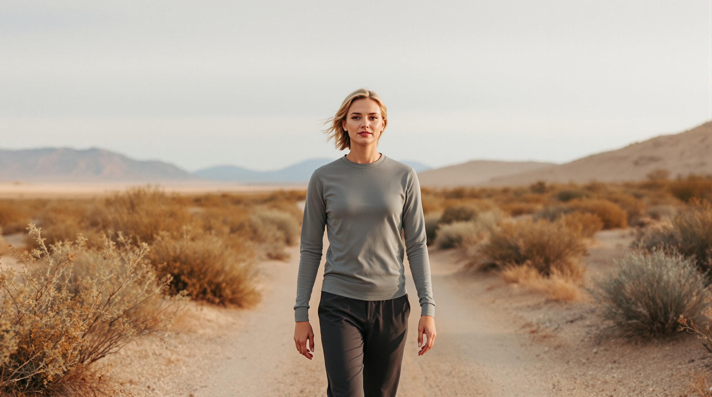 An adult in a long-sleeve top and full-length trousers walks toward the camera on a quiet desert trail