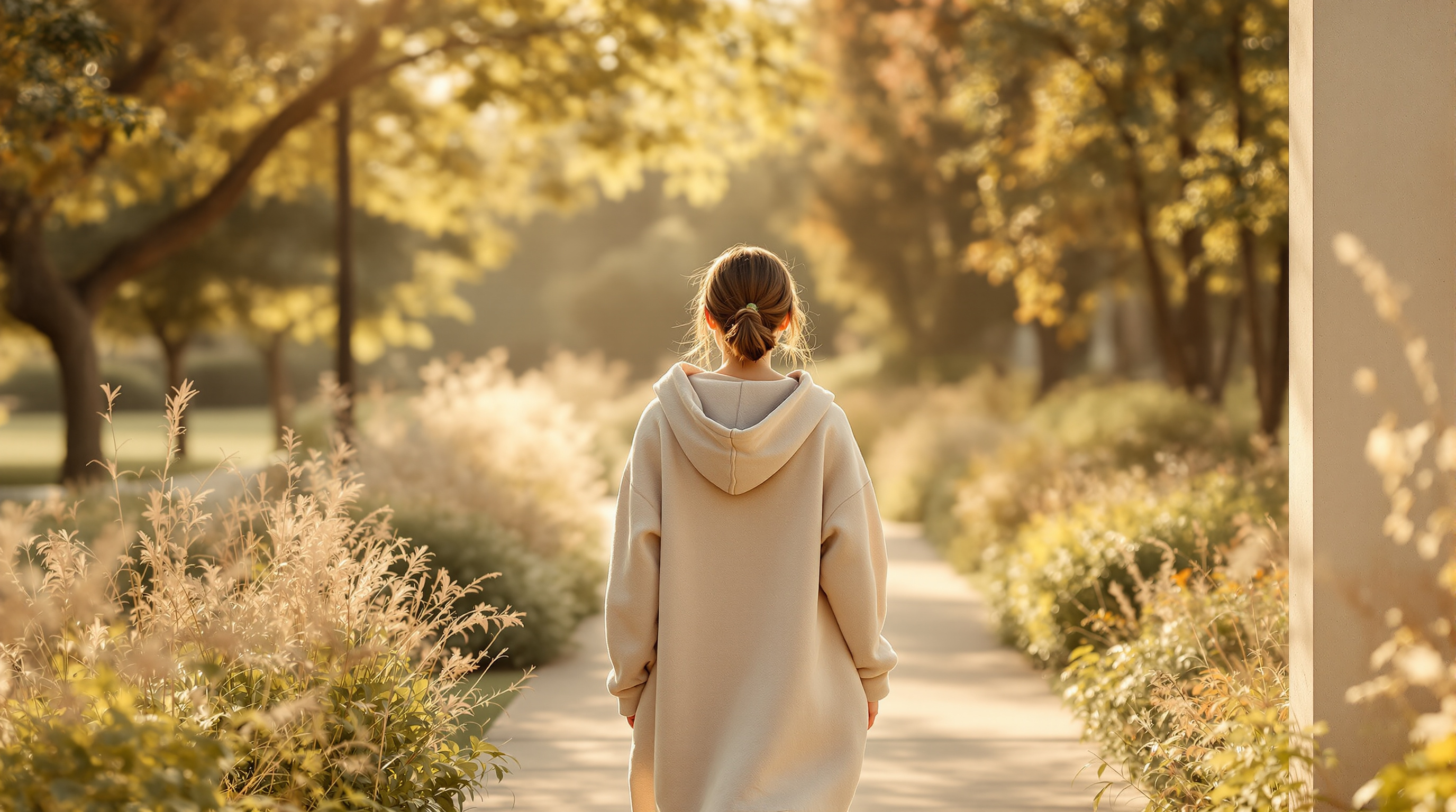 A person in a cream hooded sweatshirt walking a quiet tree-lined path on an early morning walk