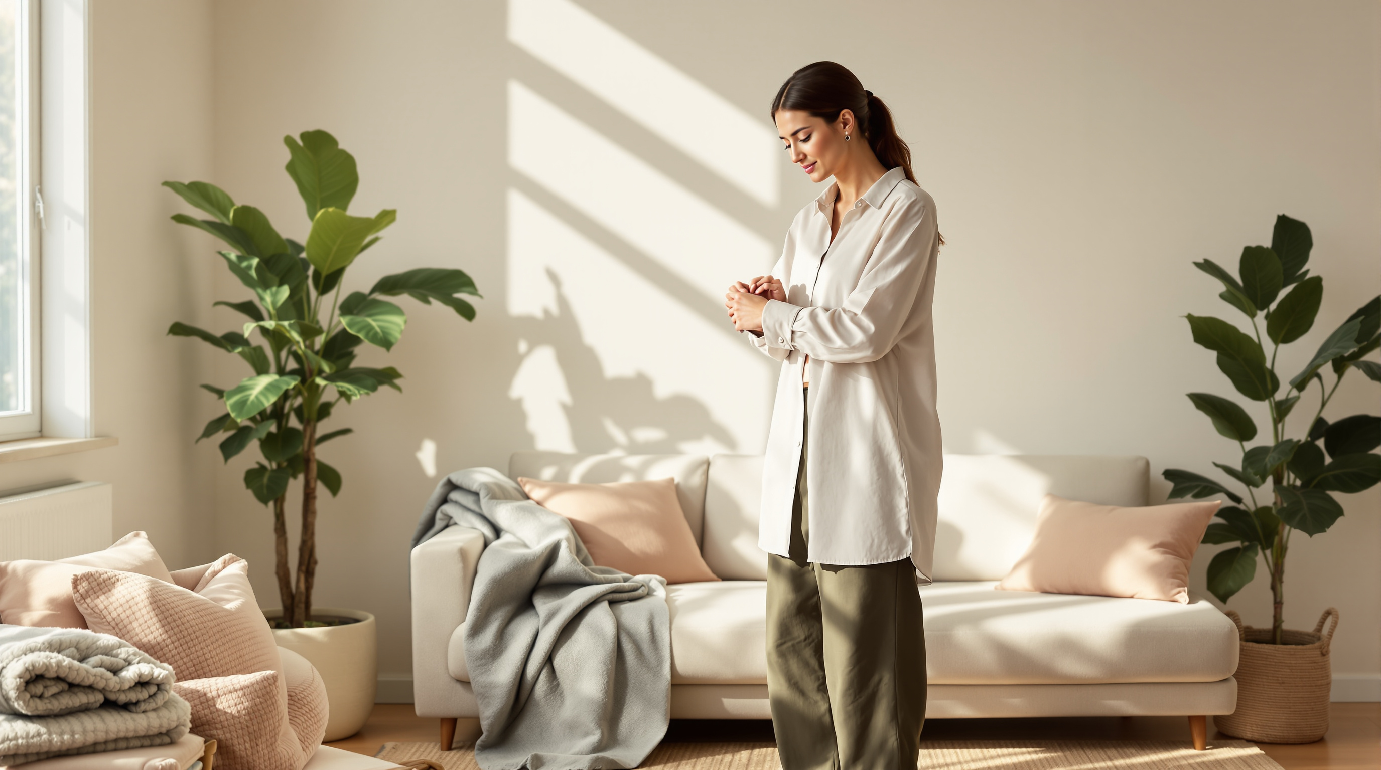 A woman in a linen shirt and trousers fastens her cuff in a sunlit living room