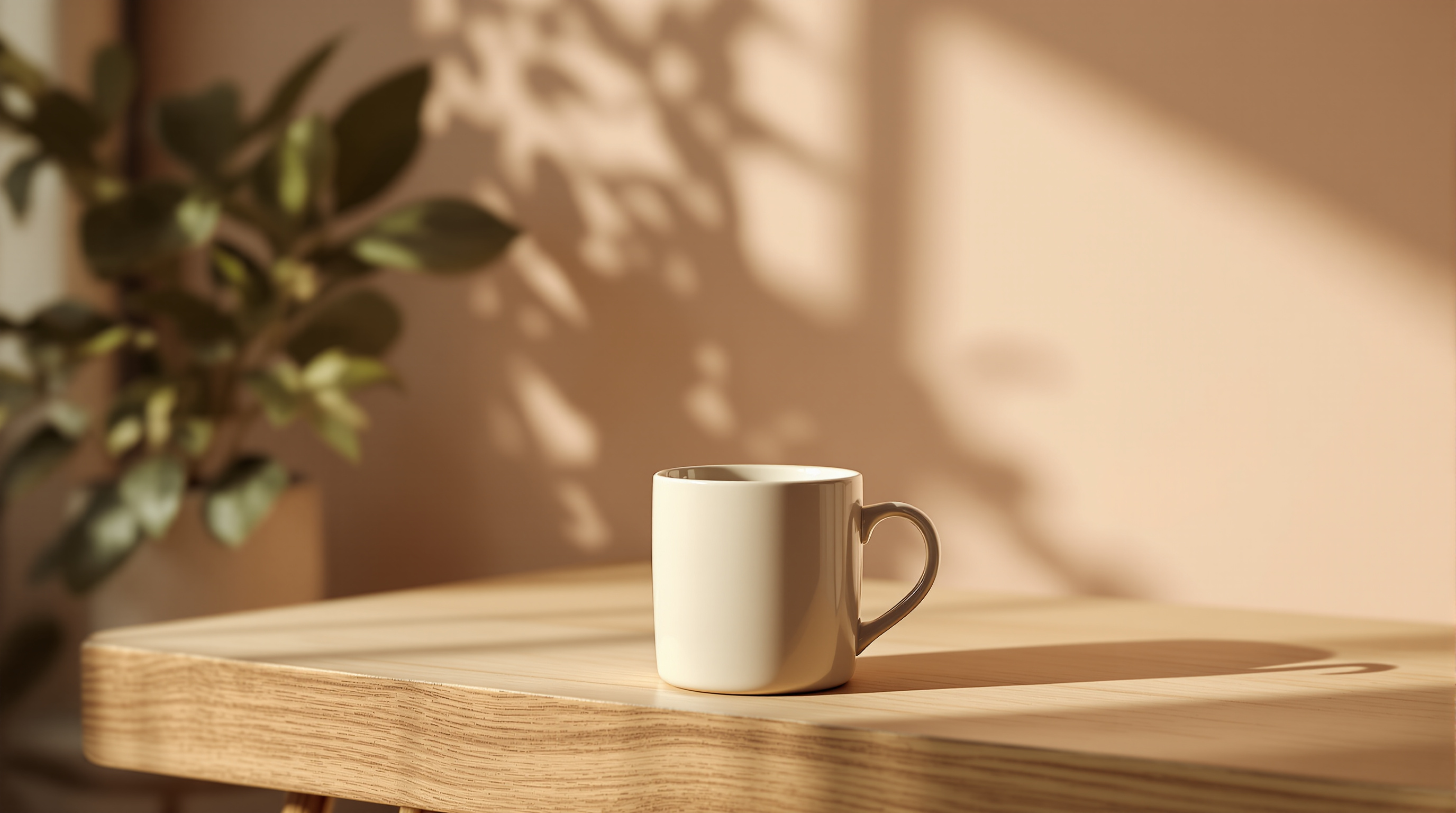 One plain ceramic mug on bare wood, a close view