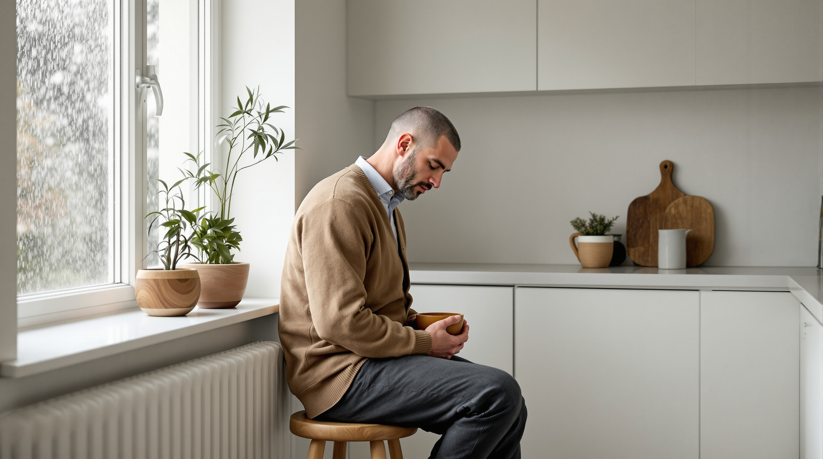 A man sits on a stool beside a kitchen window with a wooden bowl
