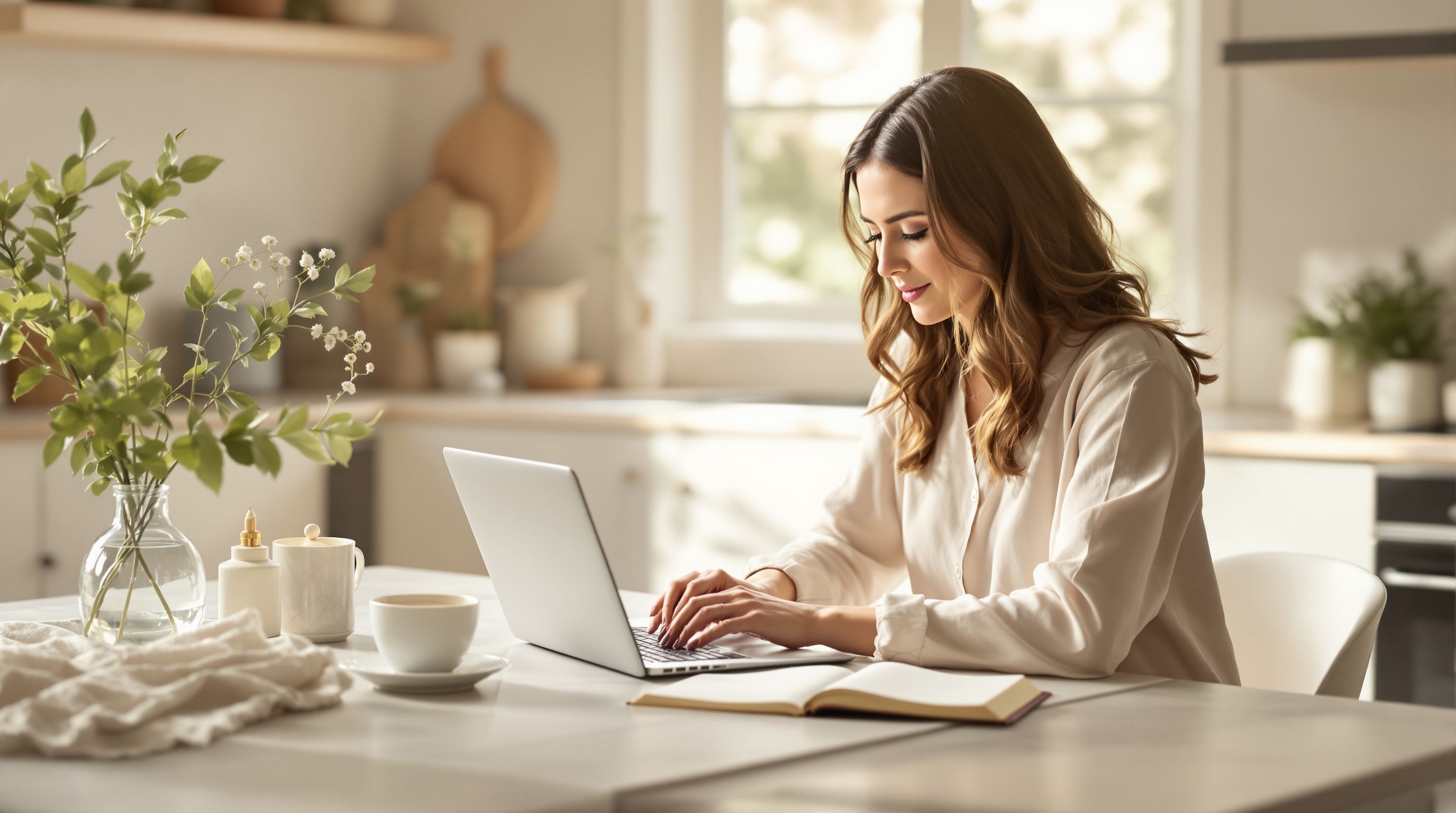 A woman types on a laptop at a bright kitchen table, an open notebook and cup of coffee beside her