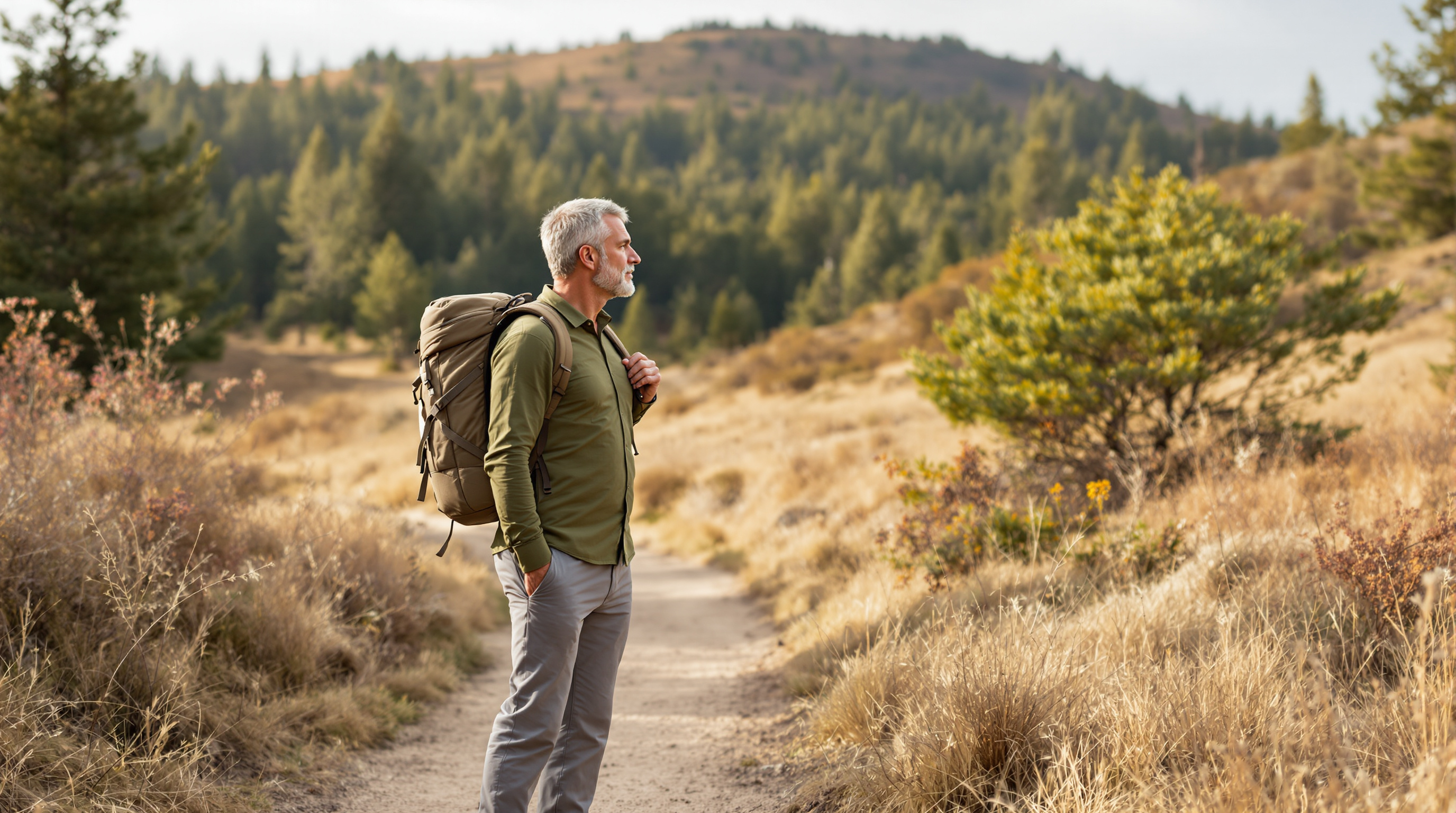 A man in a long-sleeve hiking shirt pauses on a wide woodland trail, looking toward the ridge