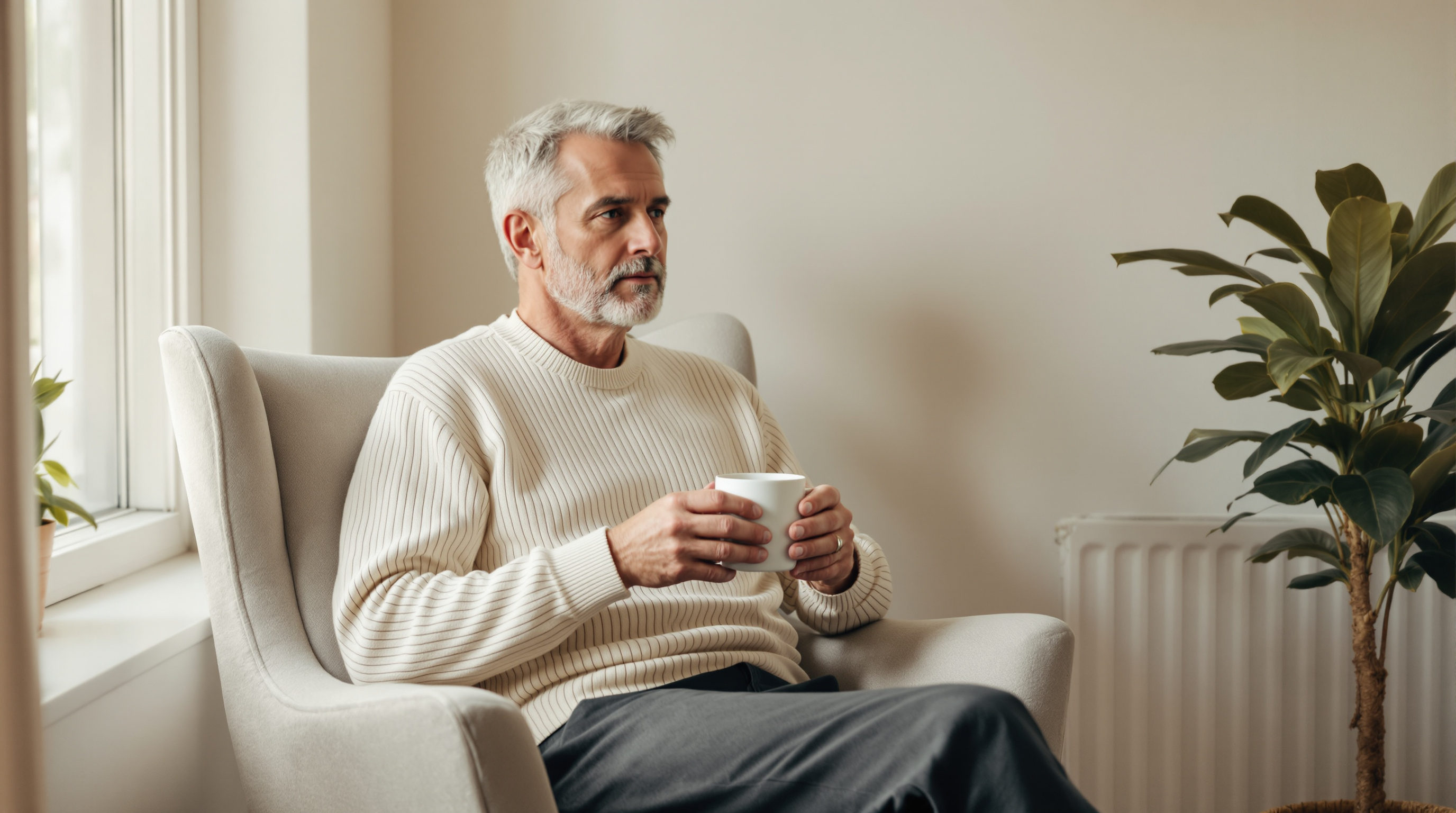 A man in a cream sweater sits with a plain mug beside a softly lit morning window