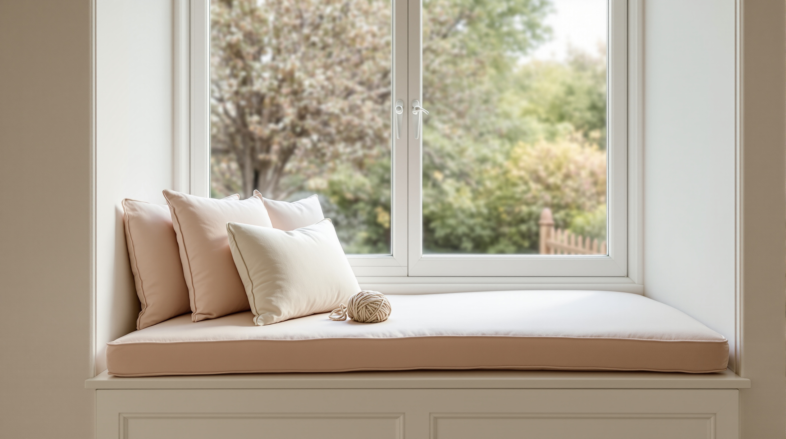An empty window seat with a ball of yarn