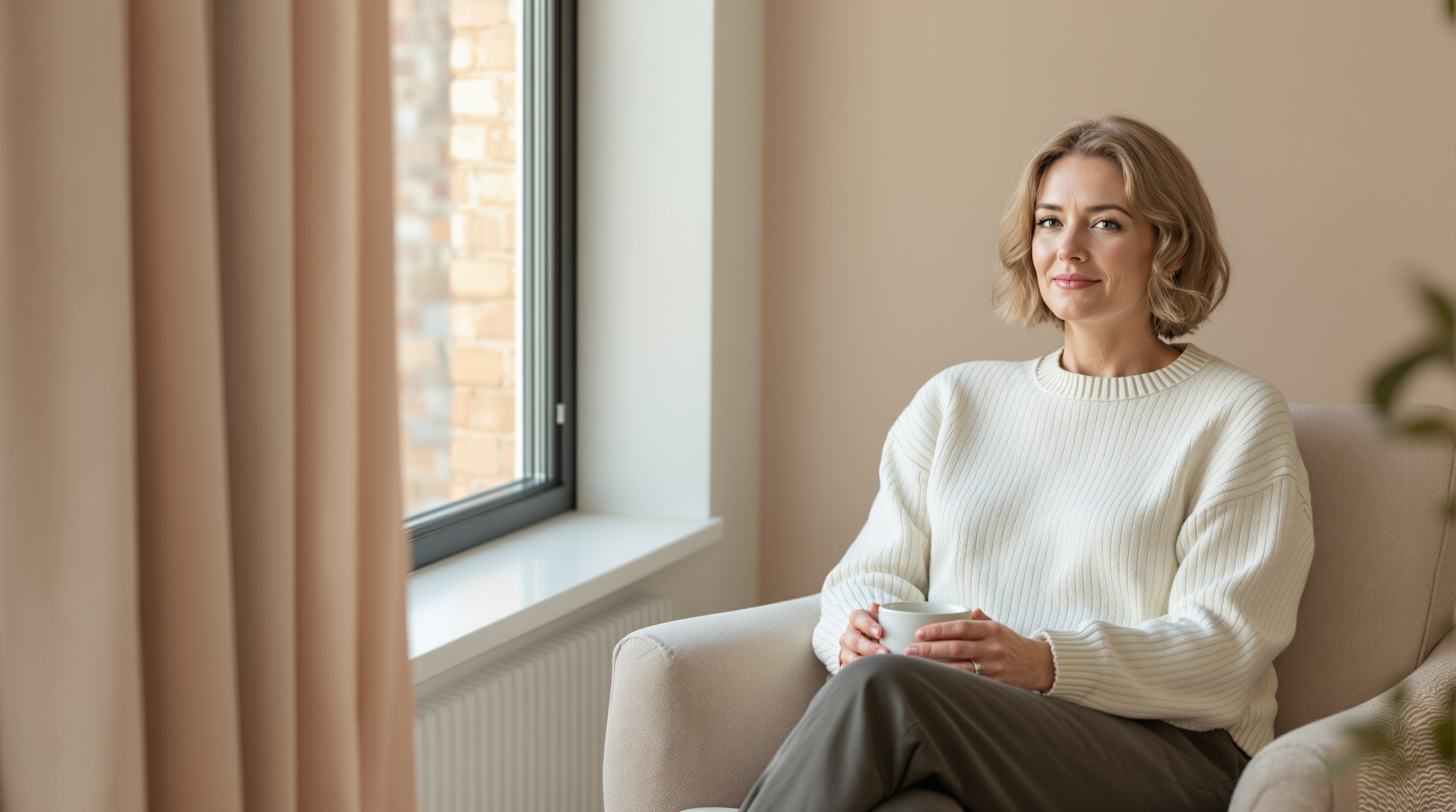 A woman in a cream sweater and charcoal trousers sits by a window holding a plain mug