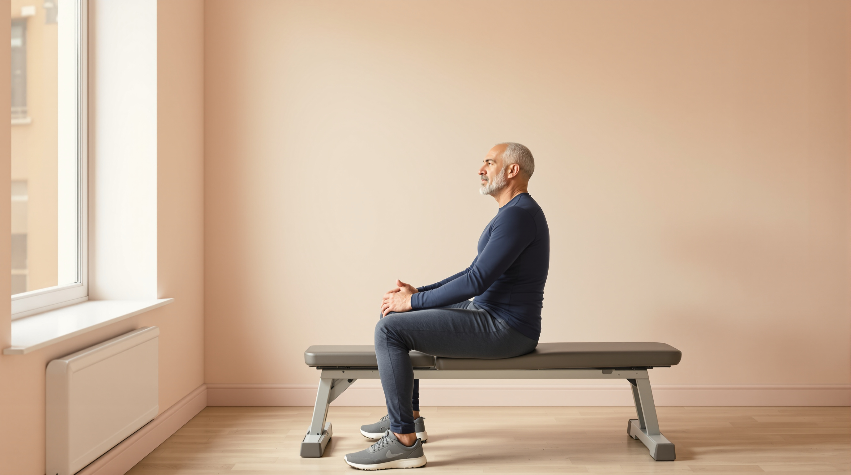 A middle-aged man rests on a weight bench in a quiet strength room wearing a navy long-sleeve top and charcoal trousers