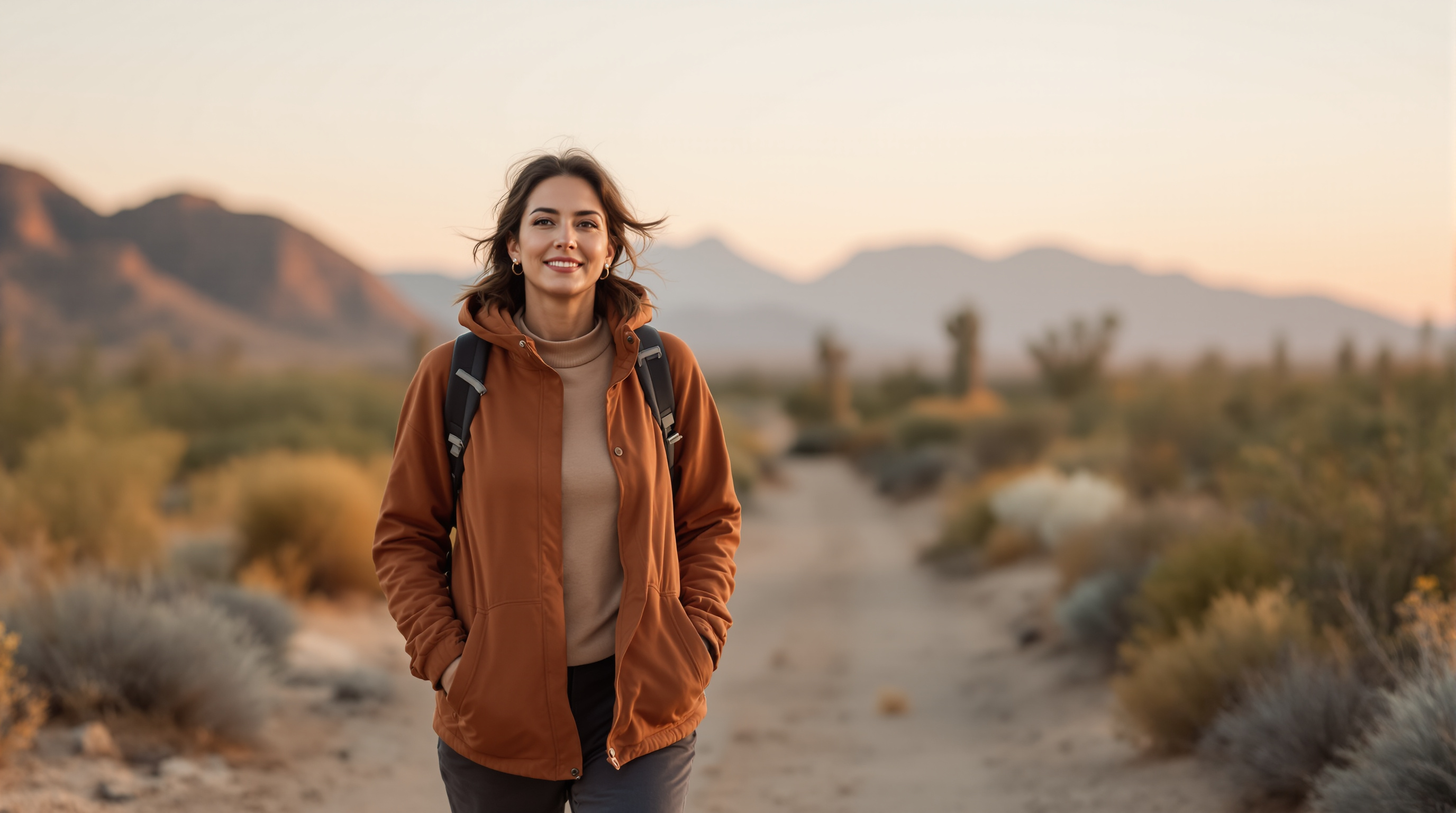 A woman in a rust jacket and charcoal trousers walks toward the camera on a quiet desert trail