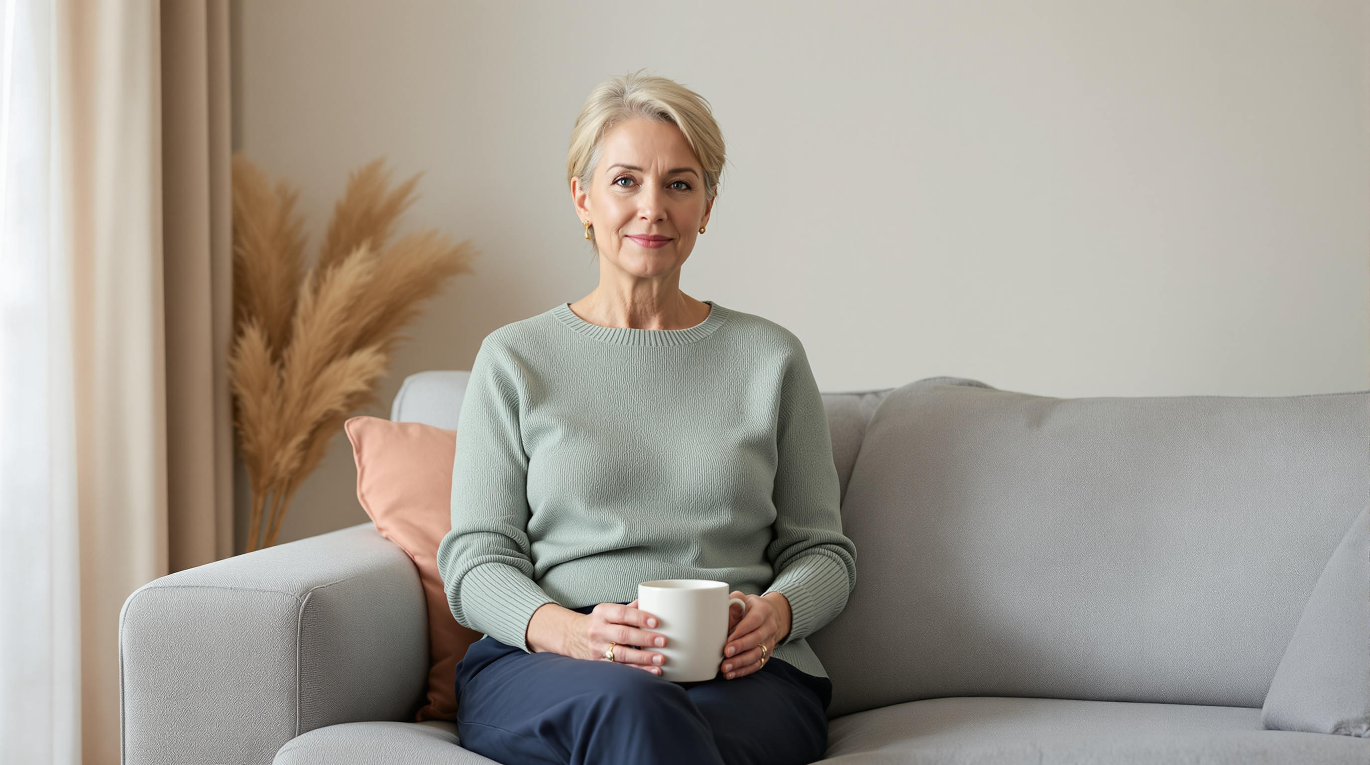 A woman in a sage knit top and navy trousers rests on a gray sofa with a ceramic mug