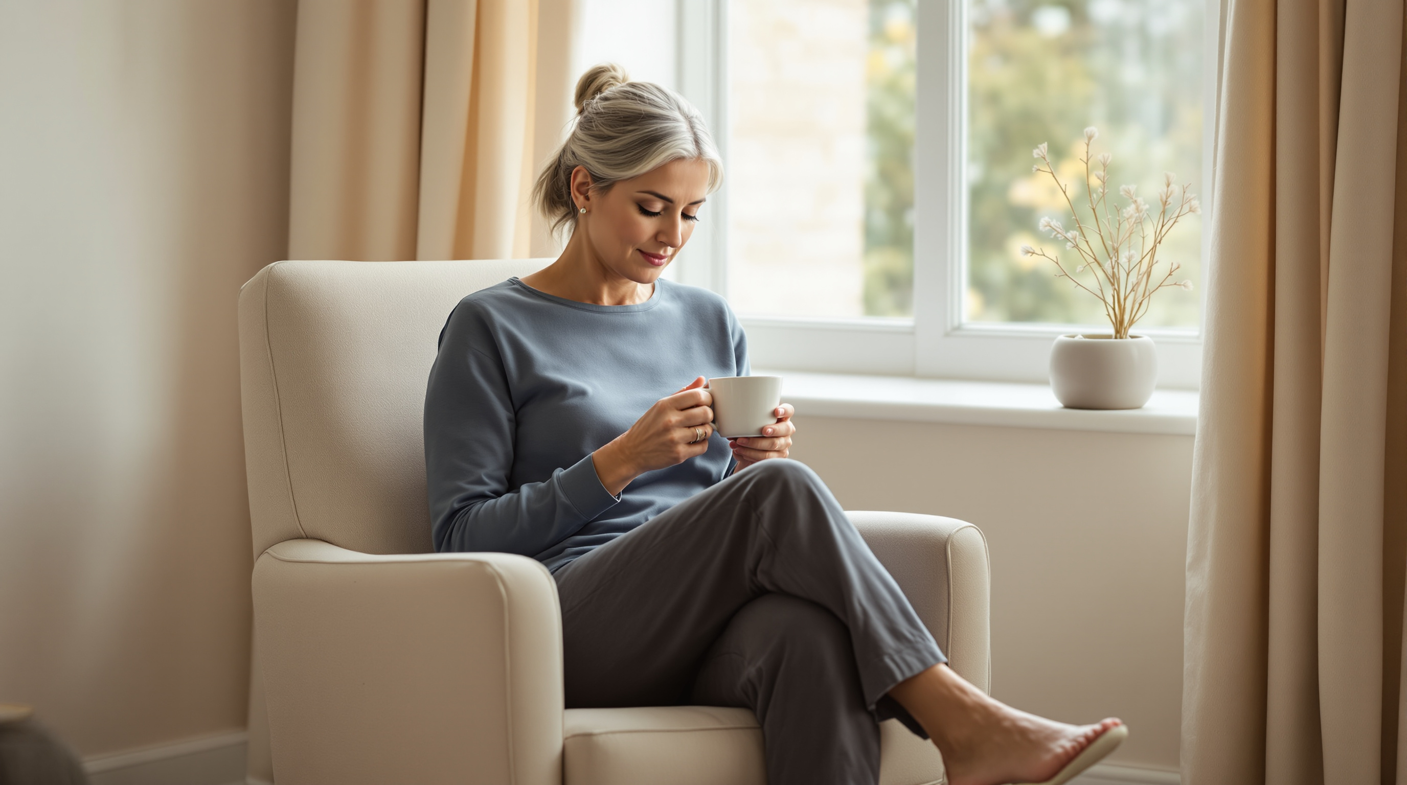 A woman in a blue shirt and full-length trousers sits by a morning window holding a plain mug