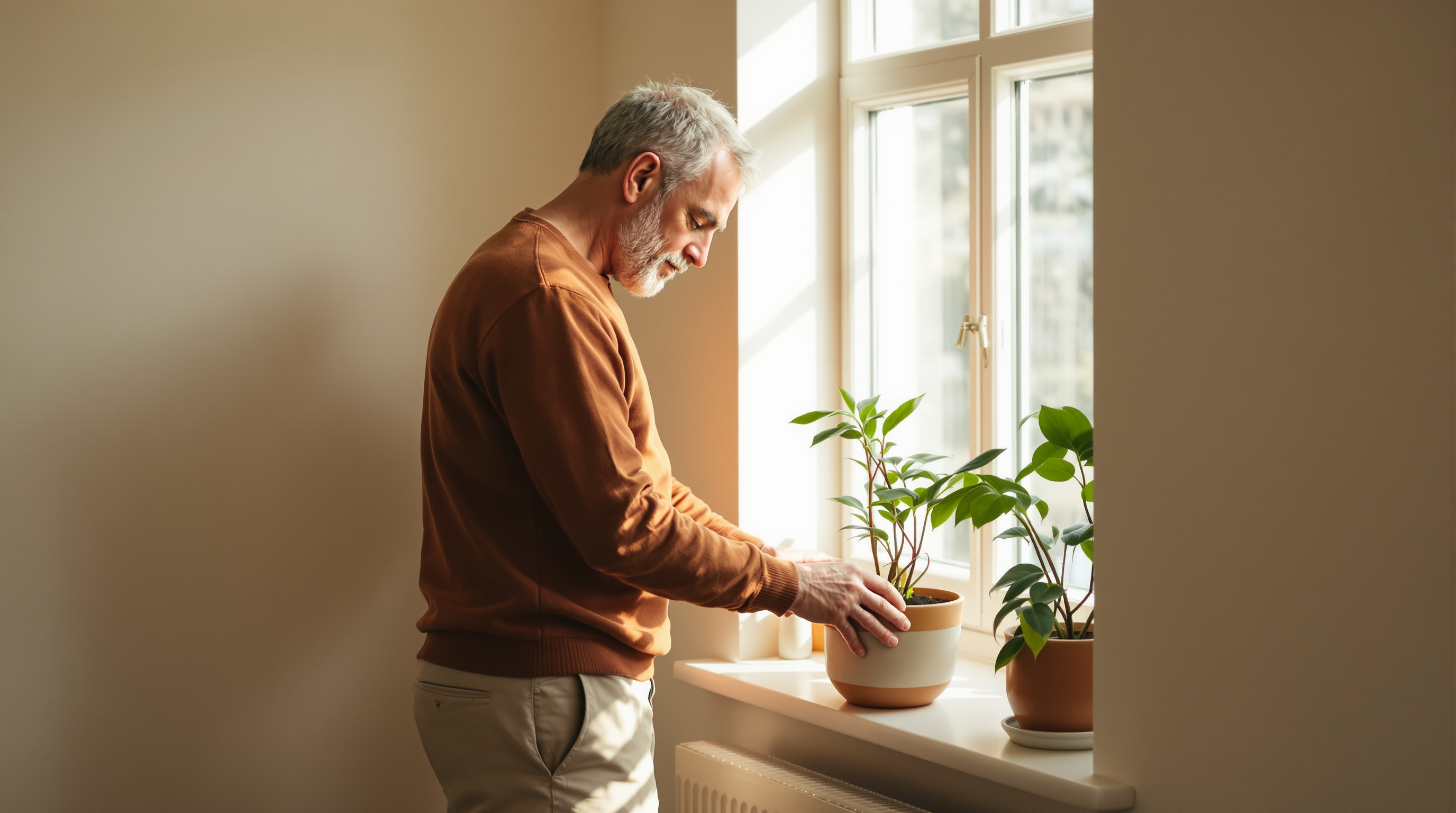 A man turns a ceramic plant pot beside a sunlit windowsill