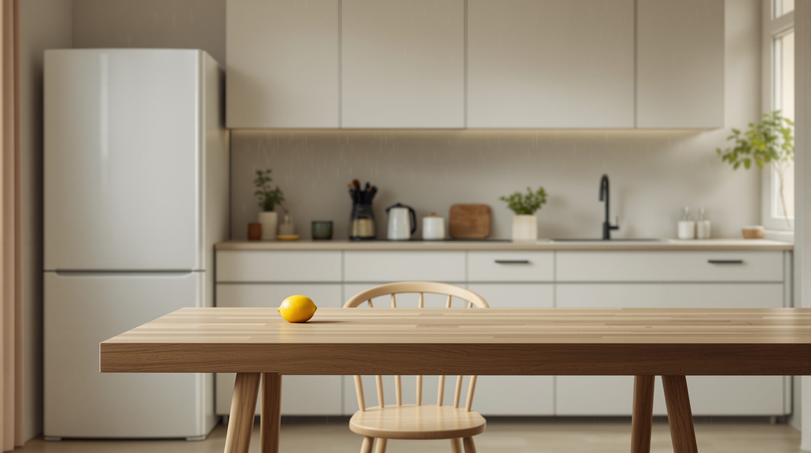 A plain kitchen table with a chair pushed back with a lemon