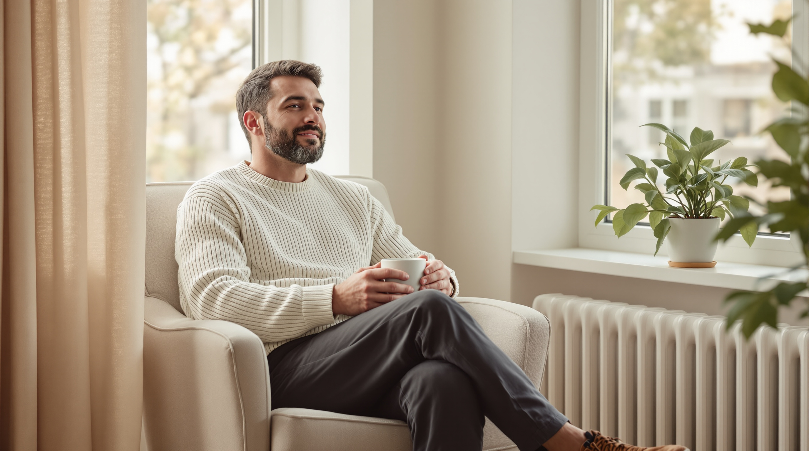 A man in a cream jumper sits by a window with a mug in soft morning light
