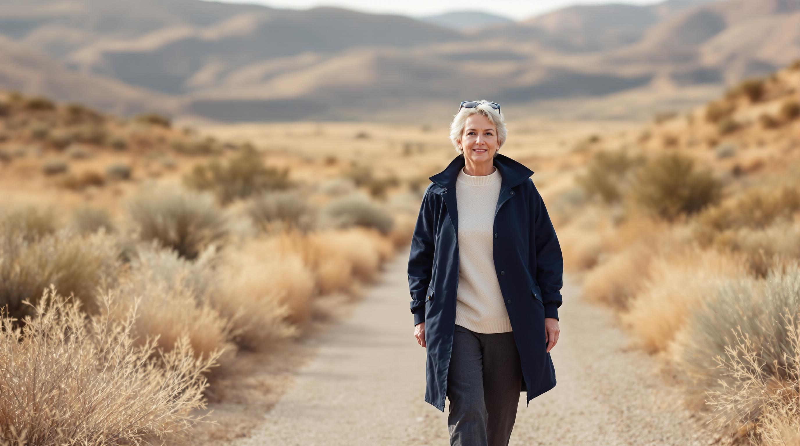 A woman in a navy windbreaker and full-length trousers walks toward the camera on a quiet desert trail