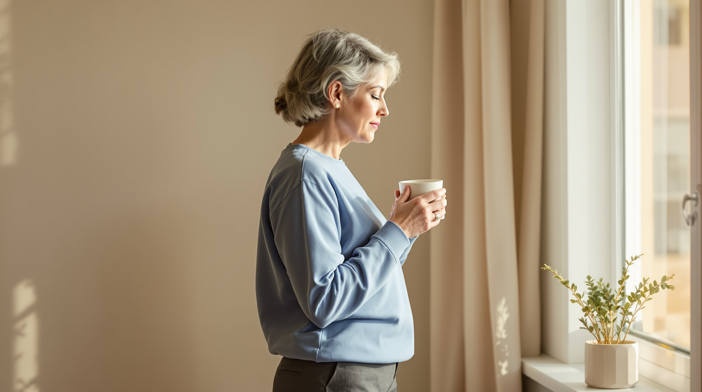 A woman in a blue shirt and charcoal trousers stands by a sunlit window holding a ceramic mug