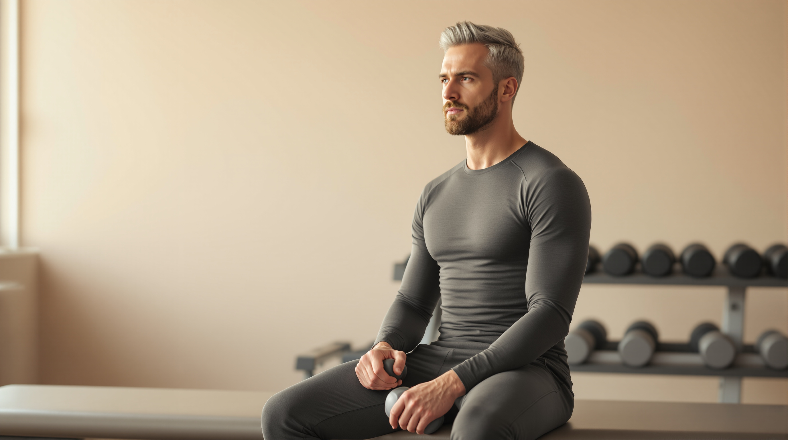 A man sits upright on a bench beside a rack of dumbbells in a quiet daylit gym