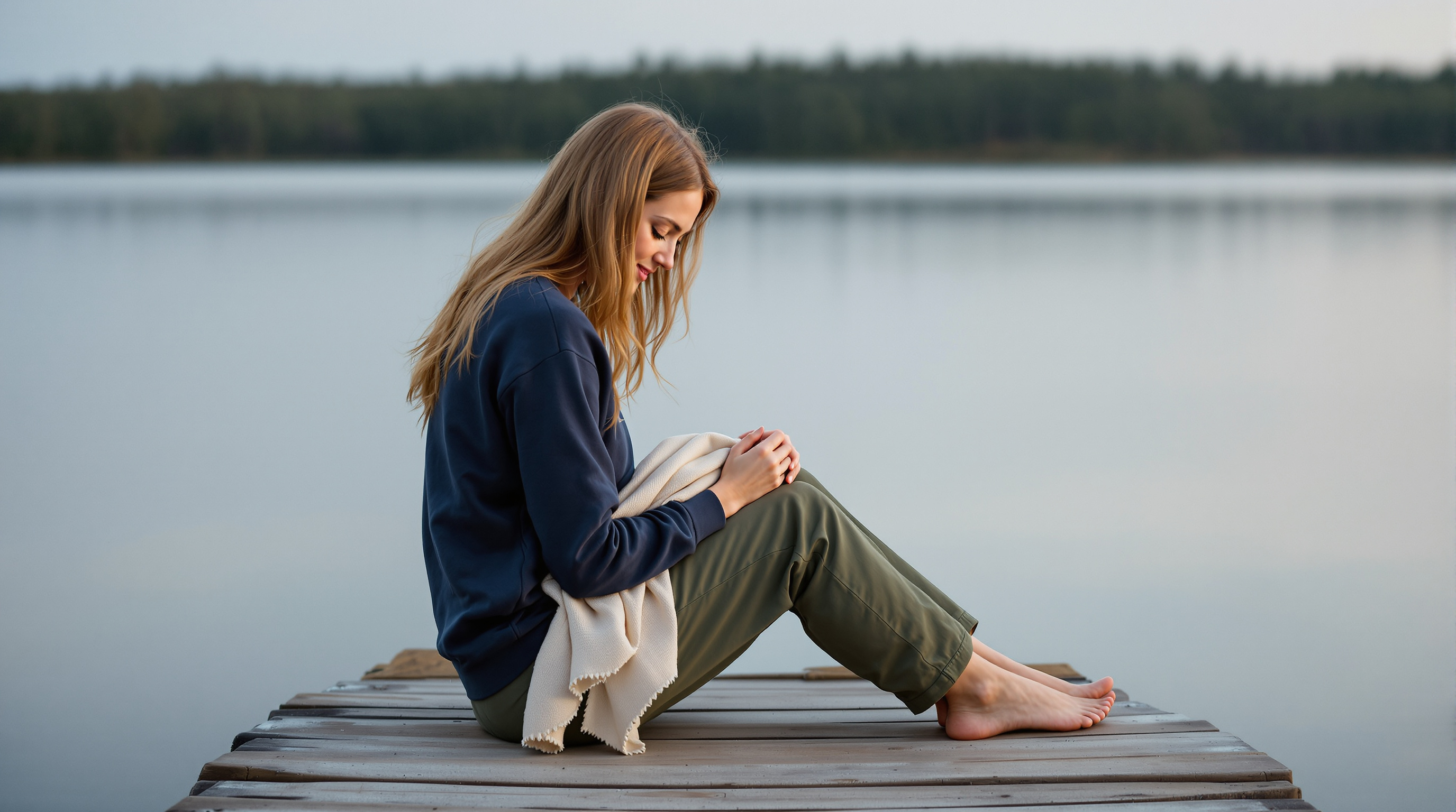 A woman sits at the end of a lakeside dock with a folded scarf