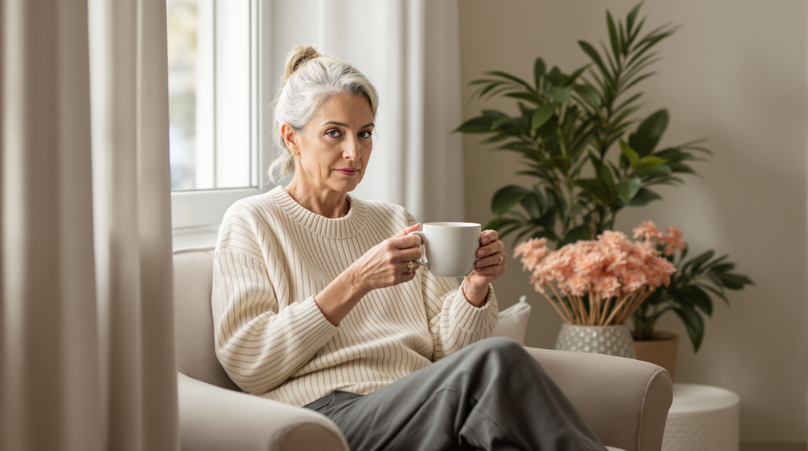 A woman in a cream knit jumper sits beside a window holding a plain ceramic mug