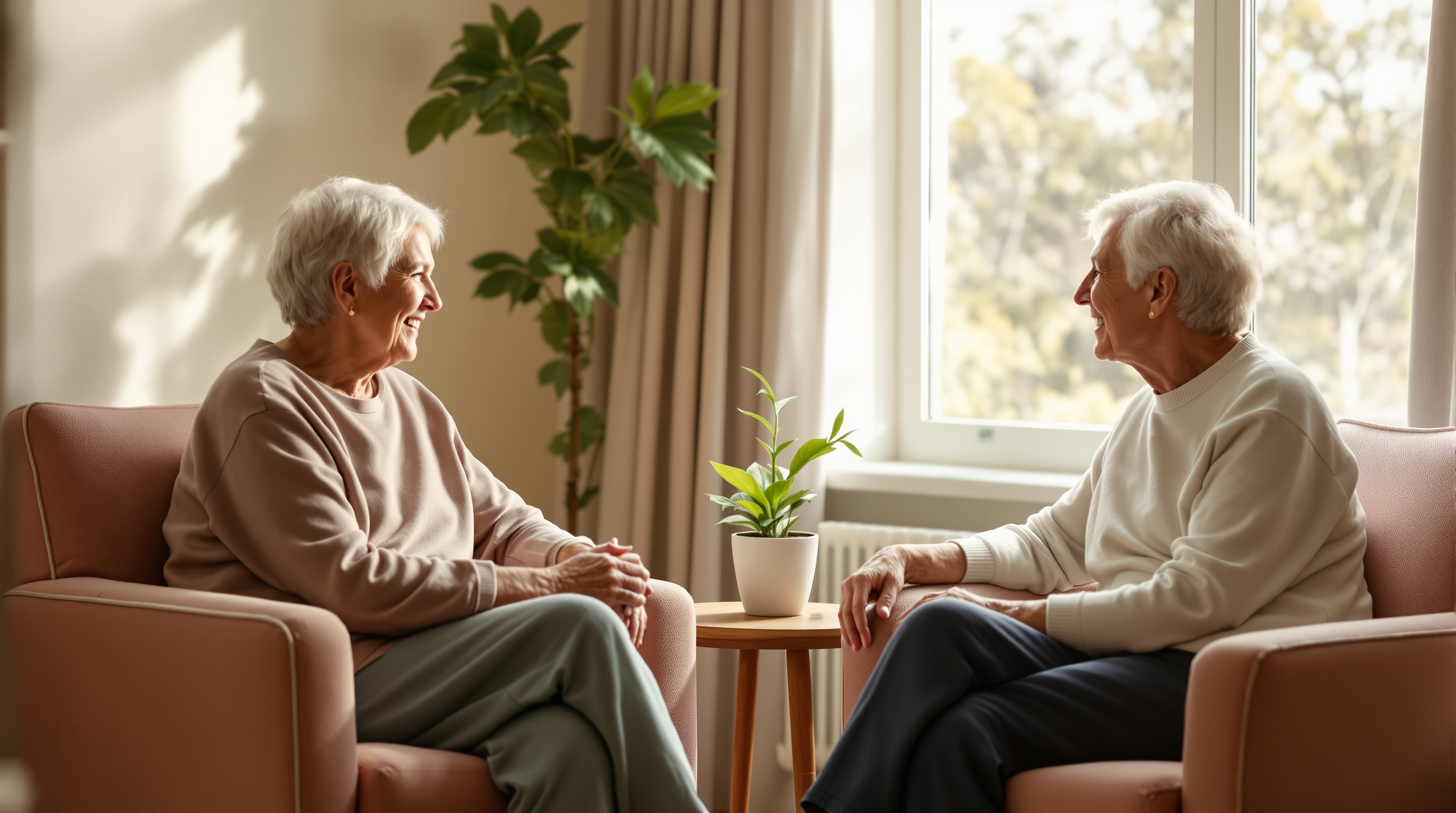 Two adults sit in armchairs talking beside a sunlit living room window