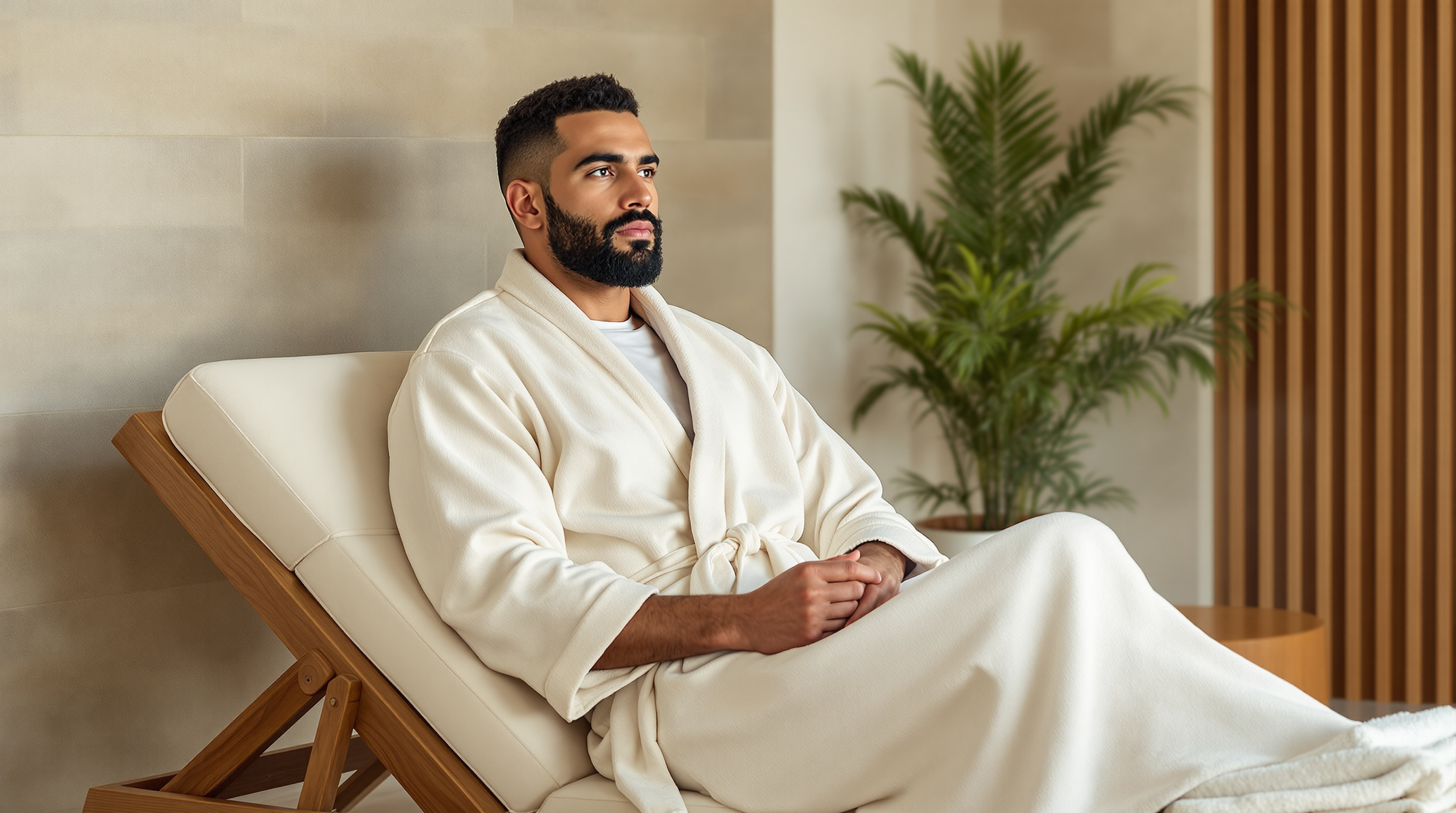 A man sits on a lounger in a quiet spa with a folded towel