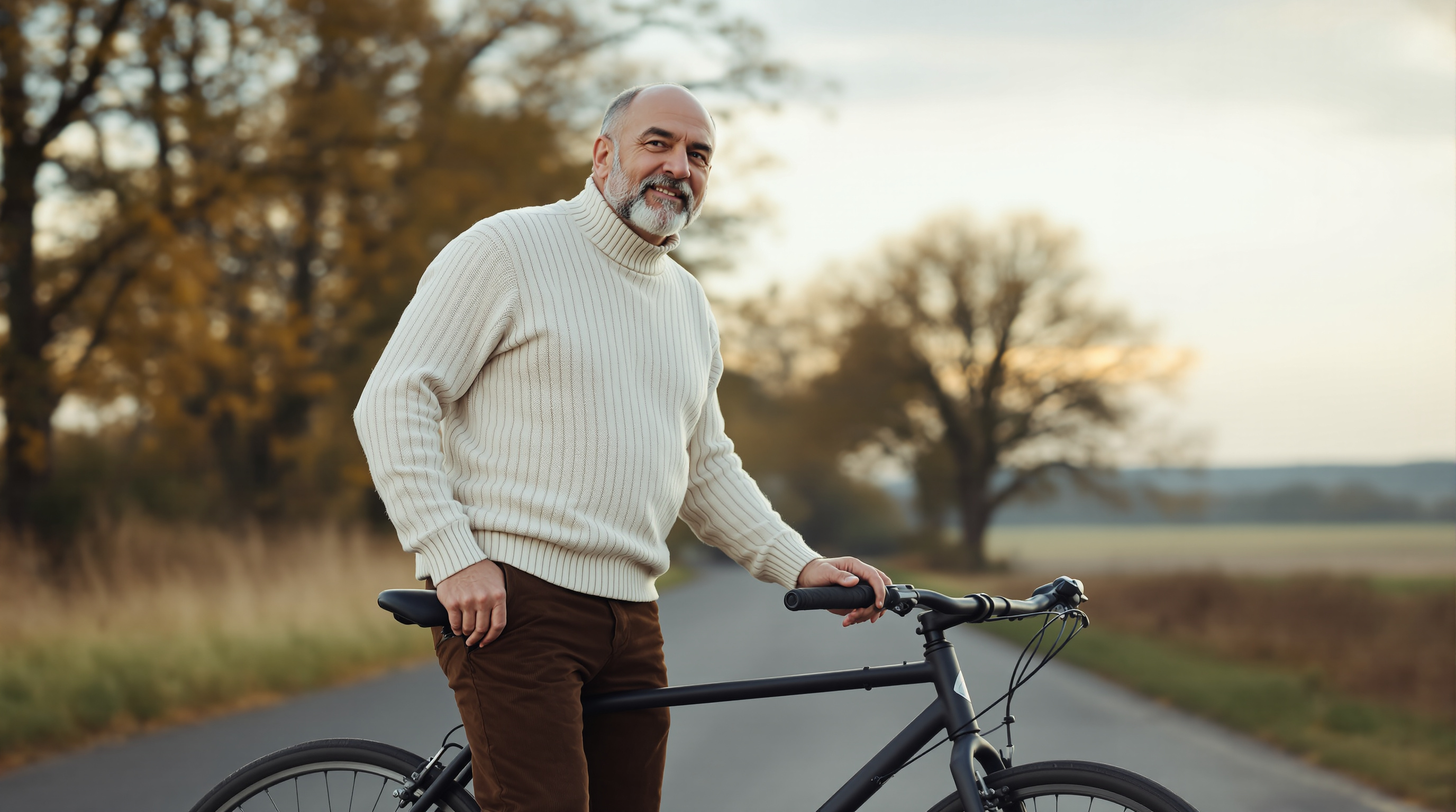 A man stands beside a bicycle in a quiet lane with a glass of water