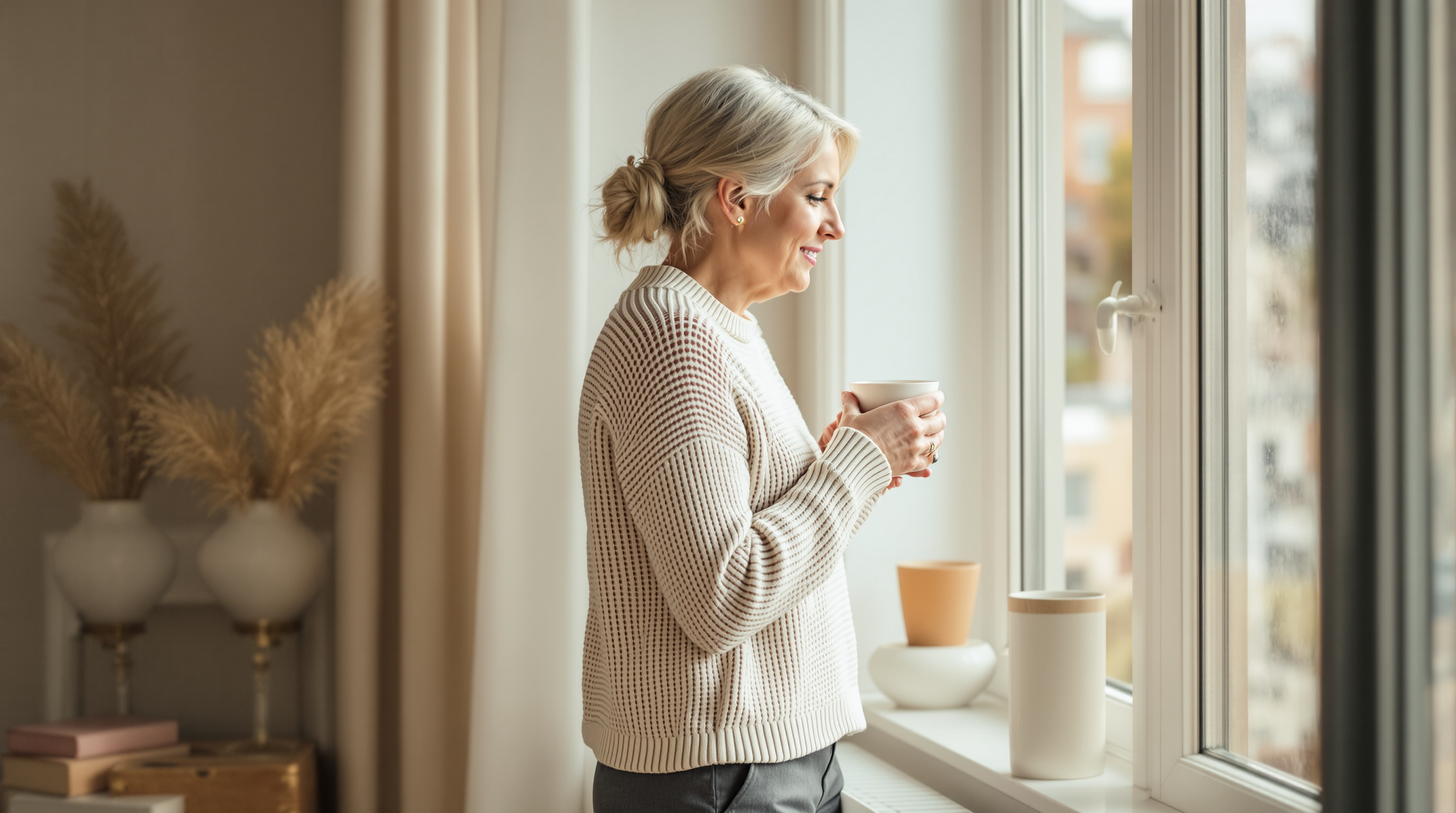 Middle-aged woman in knitwear holds a tea cup by a bare window