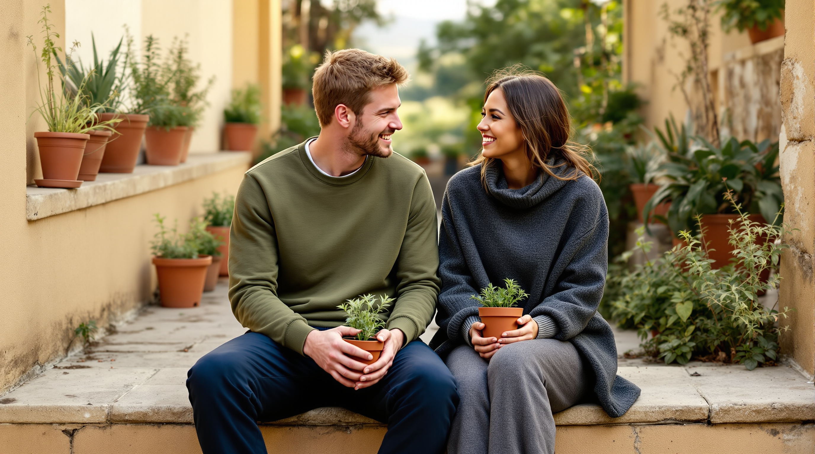 Two friends sit together on a stone step in a walled courtyard holding a pot of seedlings