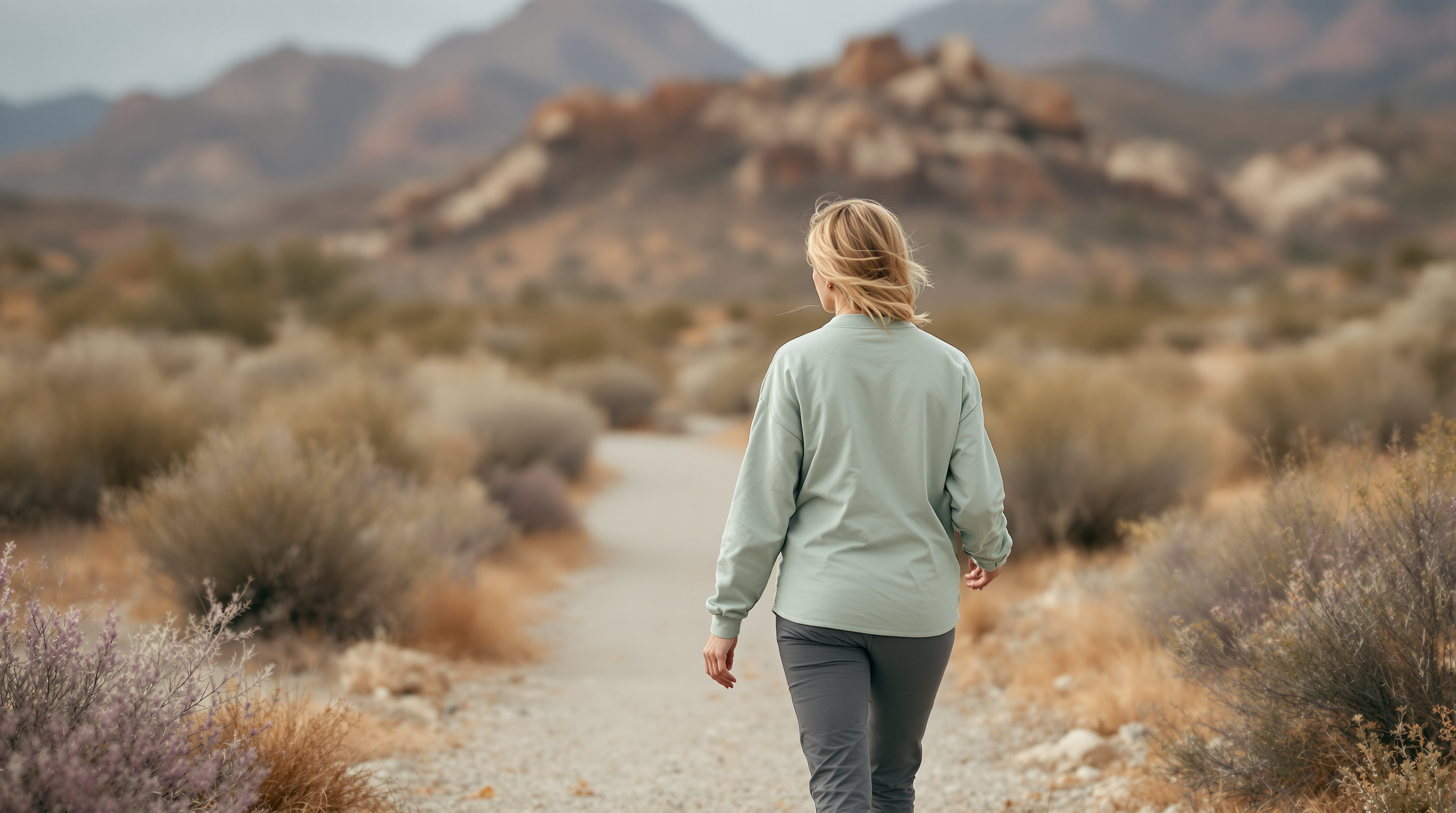 A woman walking at an easy pace on a quiet desert trail