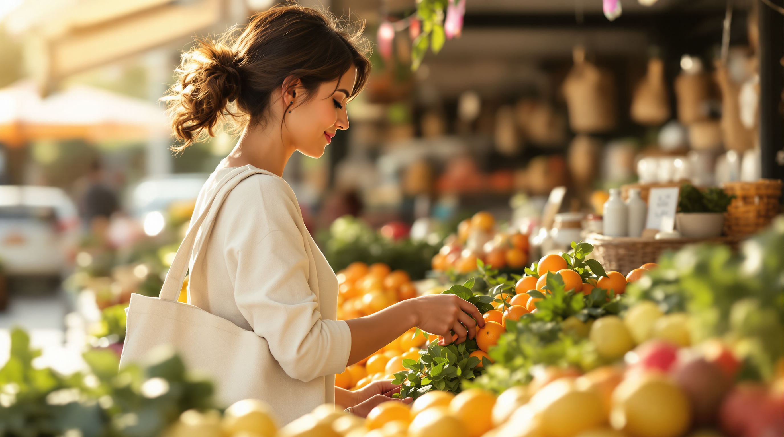 A woman choosing fresh citrus and greens at a sunlit farmers-market stall