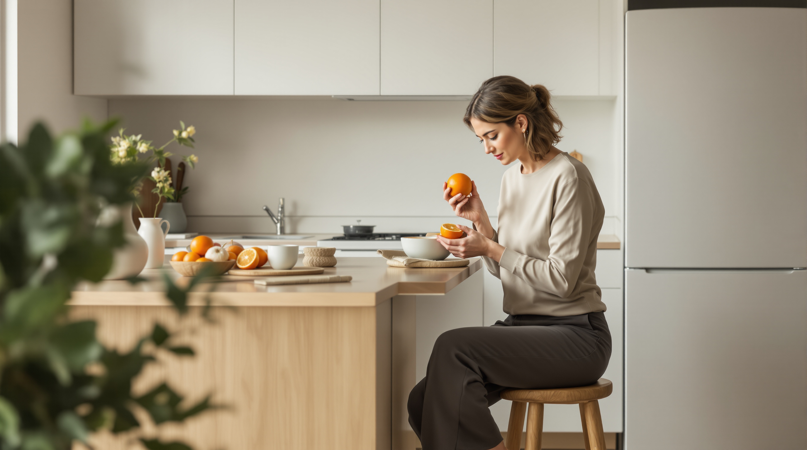 A woman seated at a bright kitchen counter peeling an orange