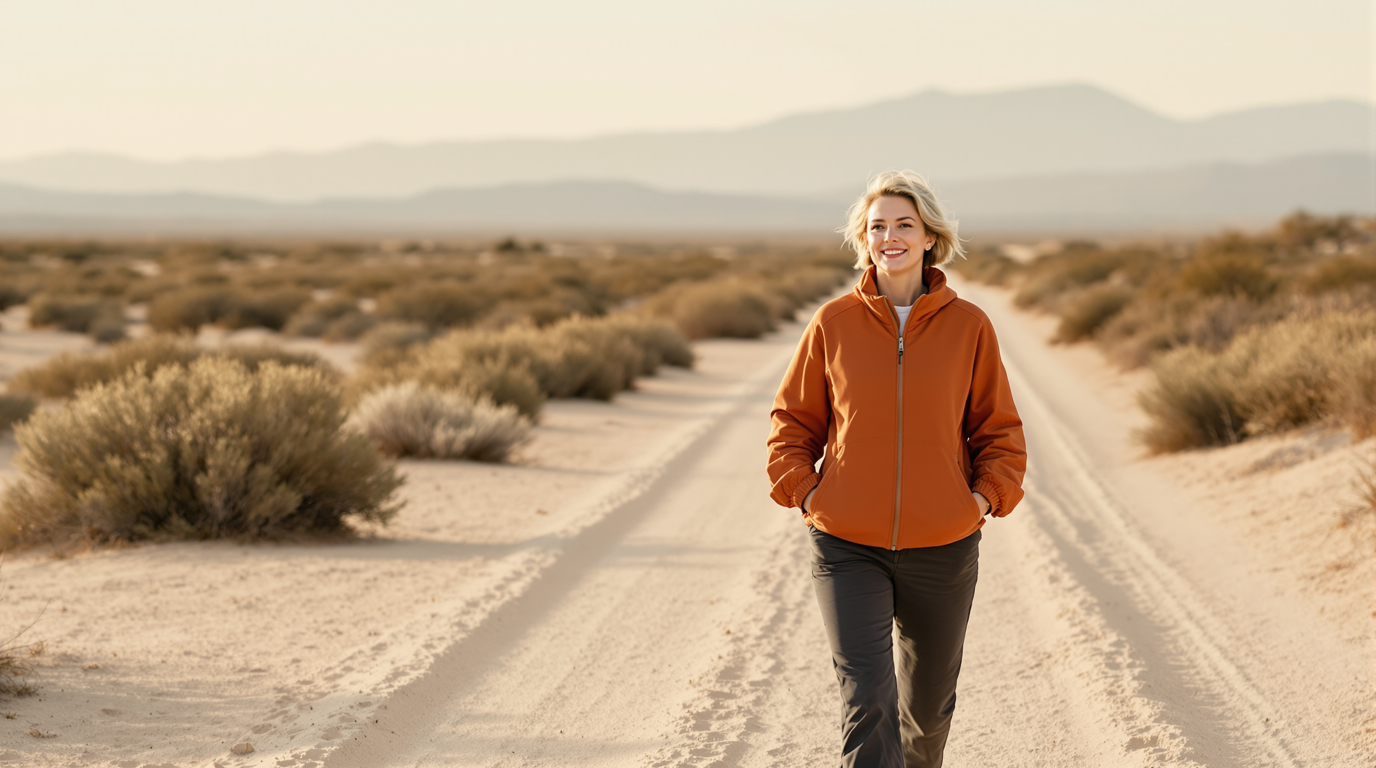 A woman in a rust jacket and full-length trousers walks toward the camera along a wide desert trail, low hills behind her