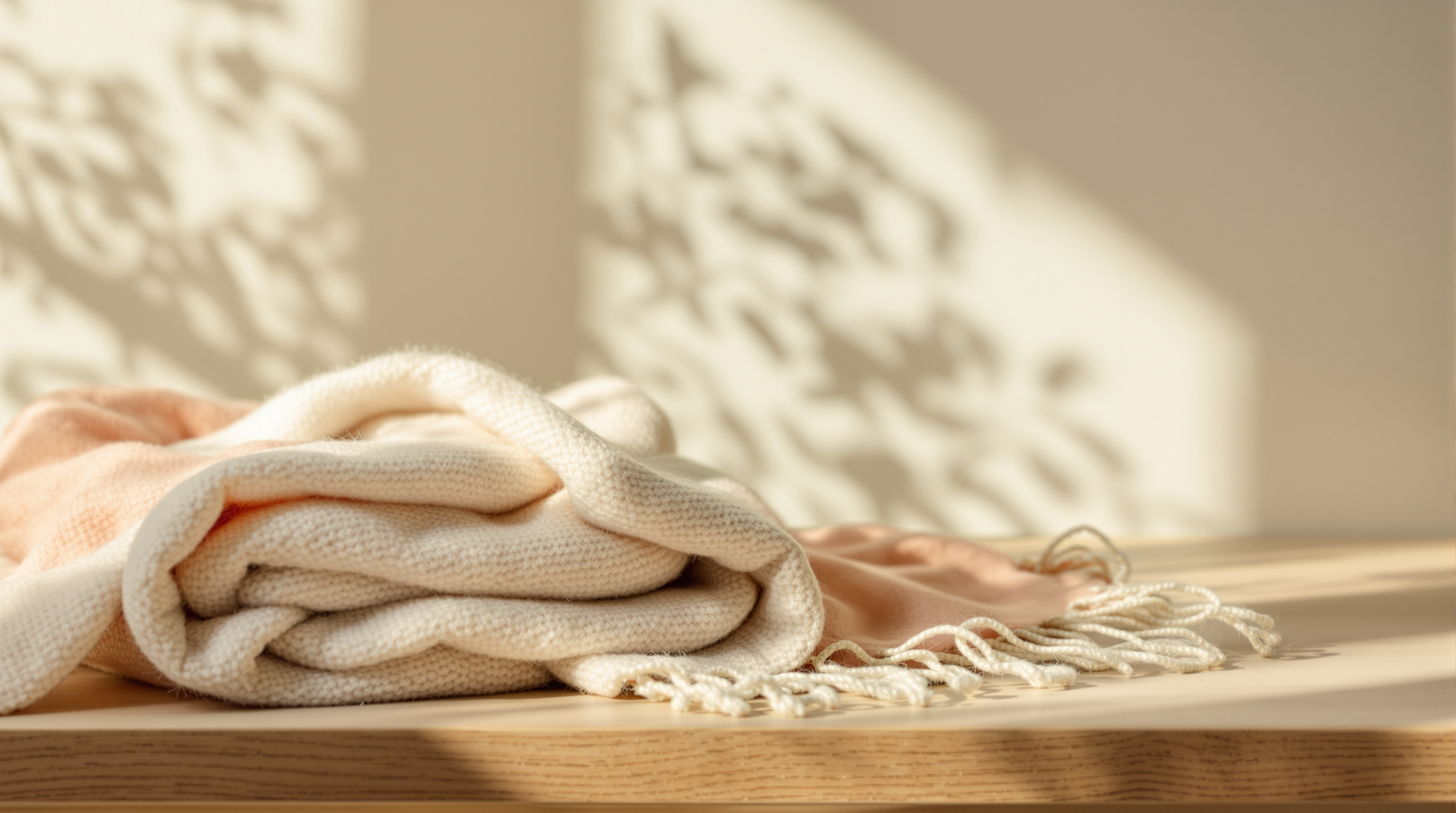A soft wool scarf folded on bare wood, a close view
