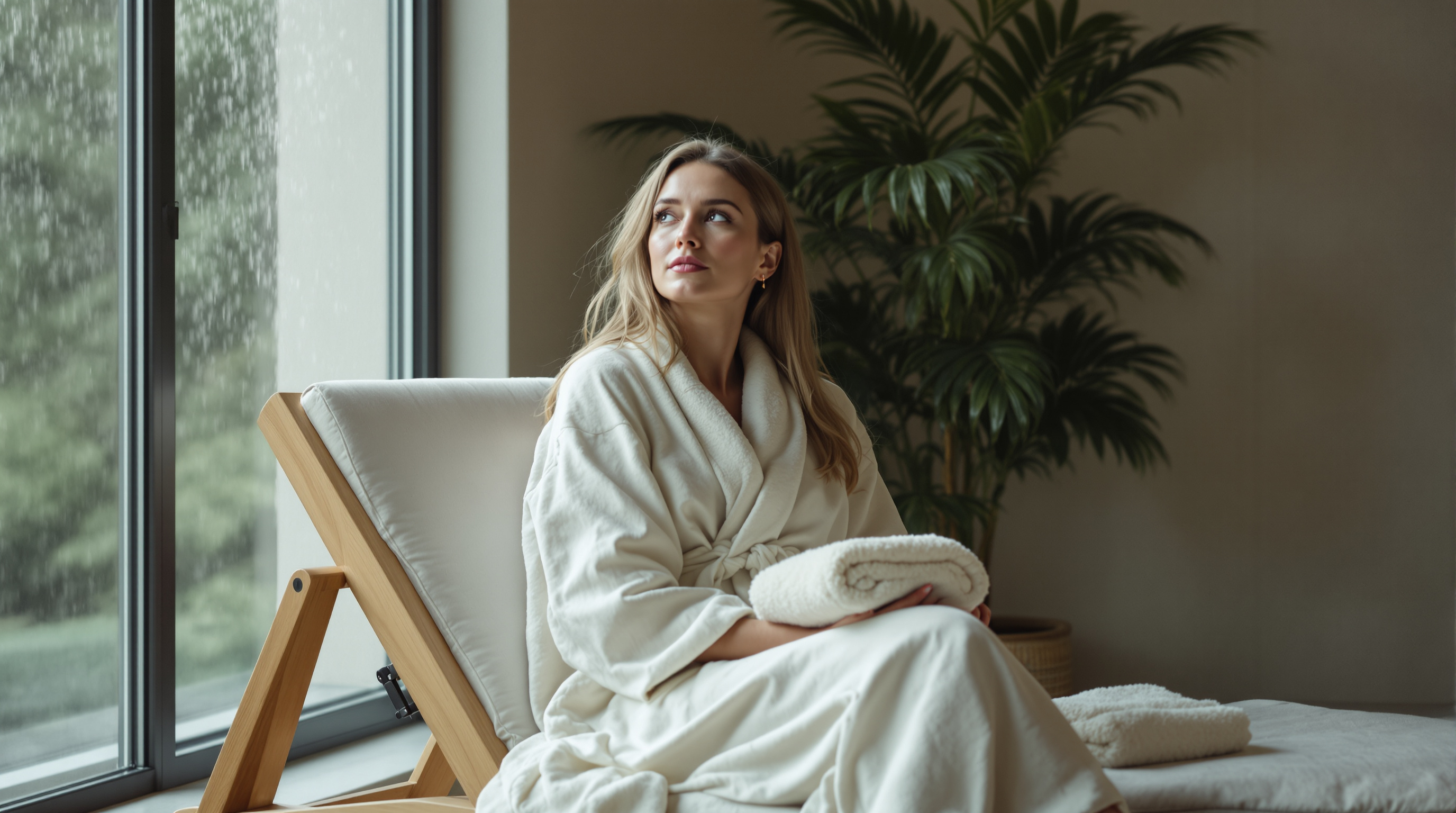 A woman sits on a lounger in a quiet spa with a folded towel