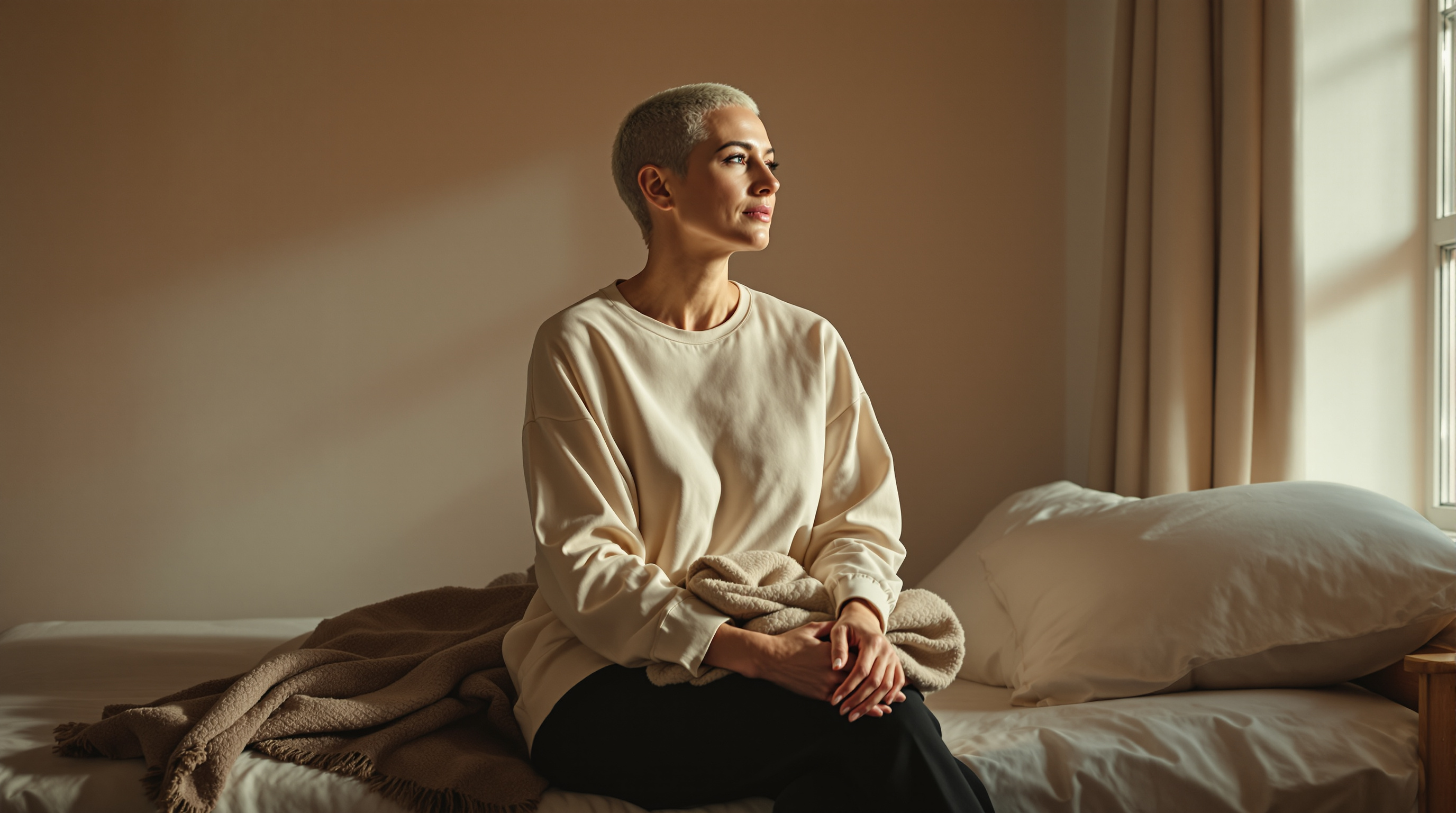 A woman sits on the edge of a bed in a bare bedroom with a folded scarf