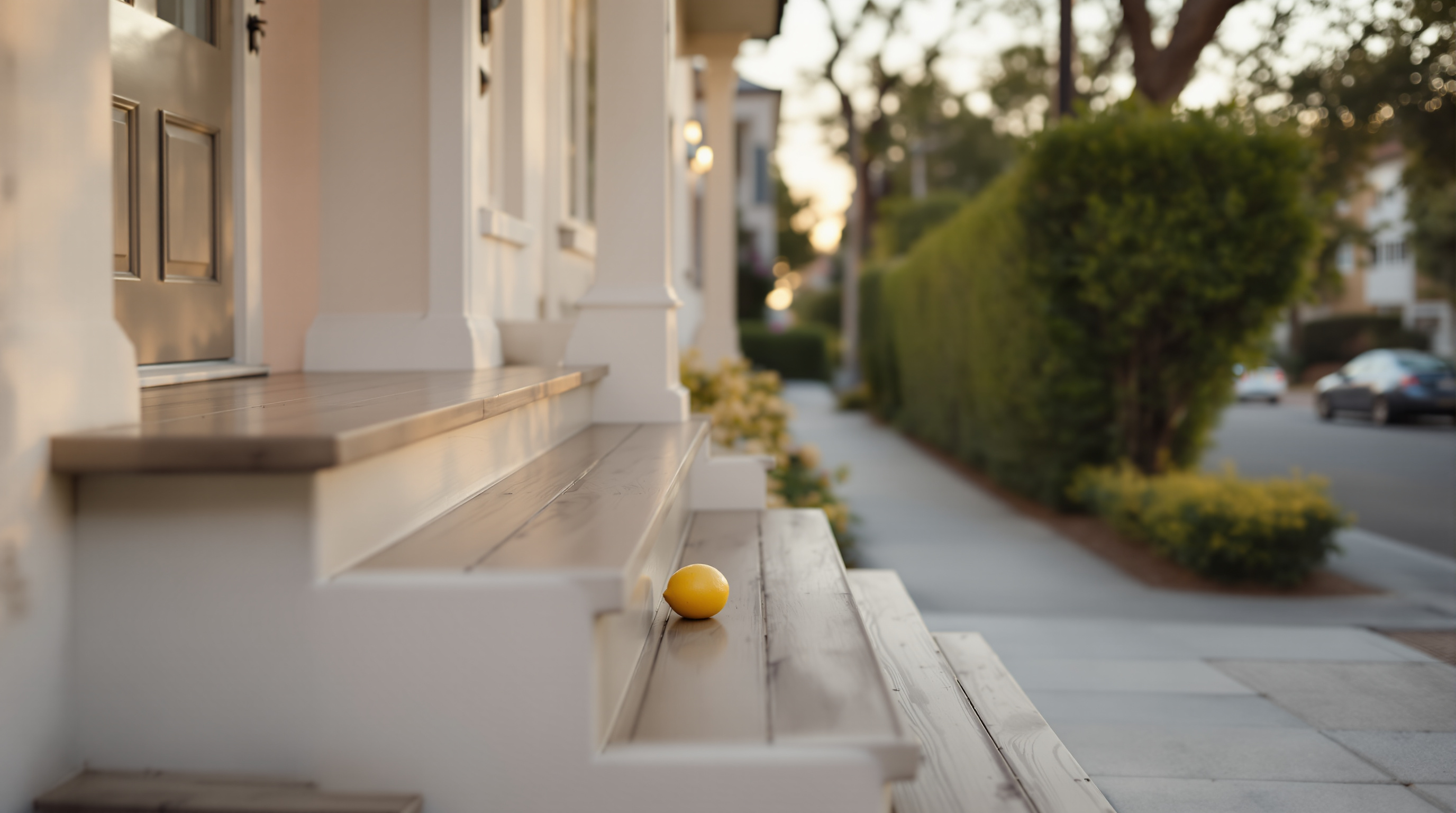 The front steps of a house with a lemon