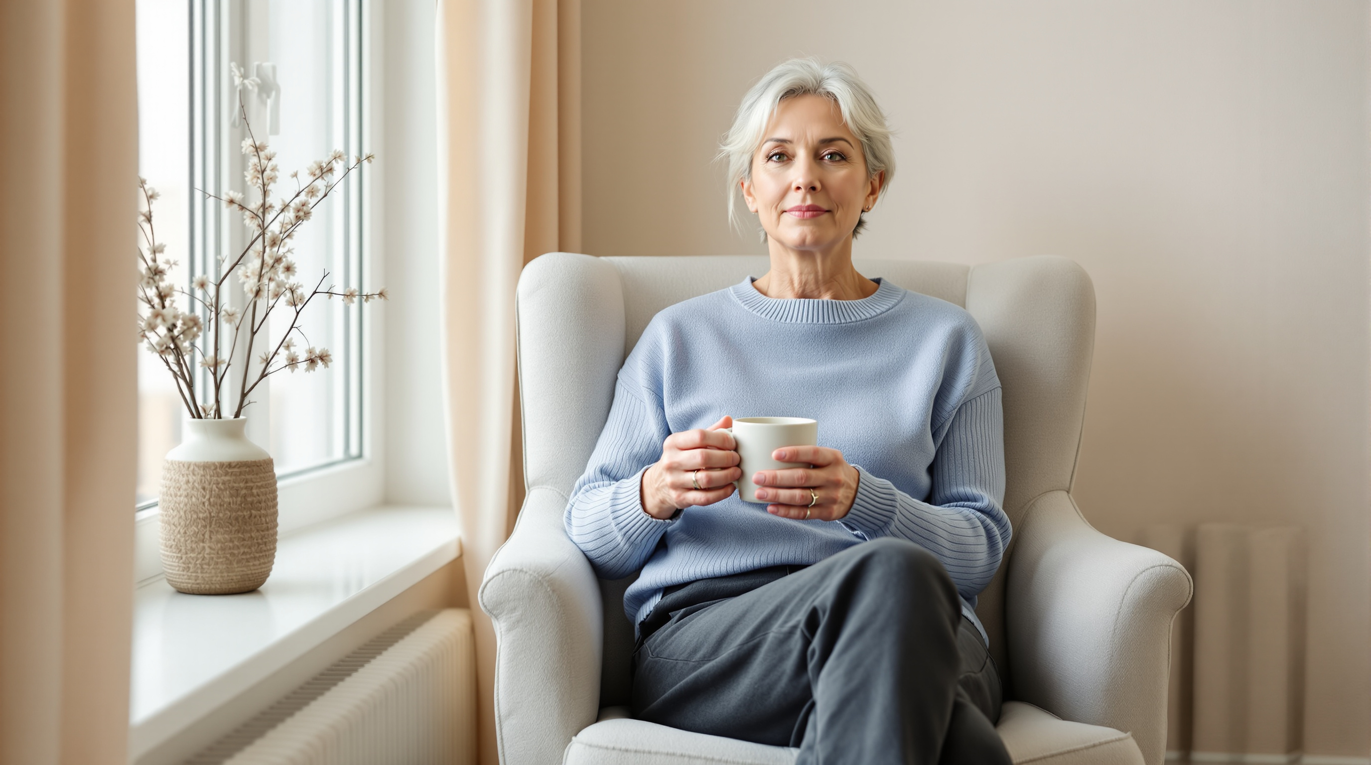 A midlife woman in a blue knit top sits by a bright morning window holding a plain mug