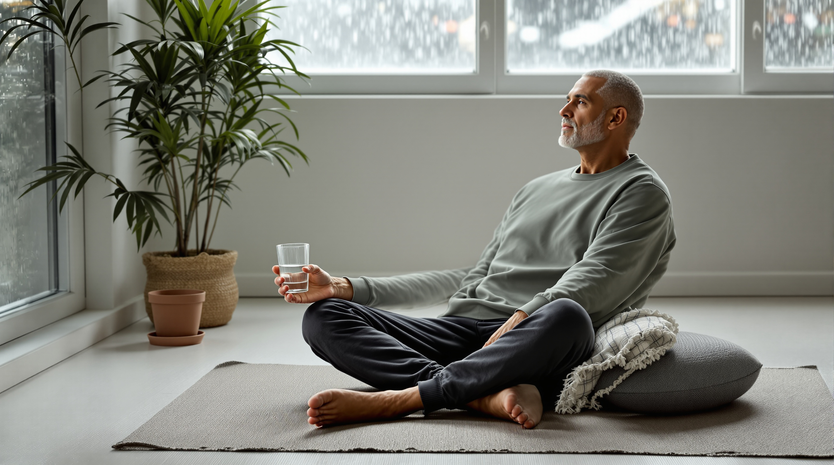 A man sits on a mat in a bright studio with a glass of water