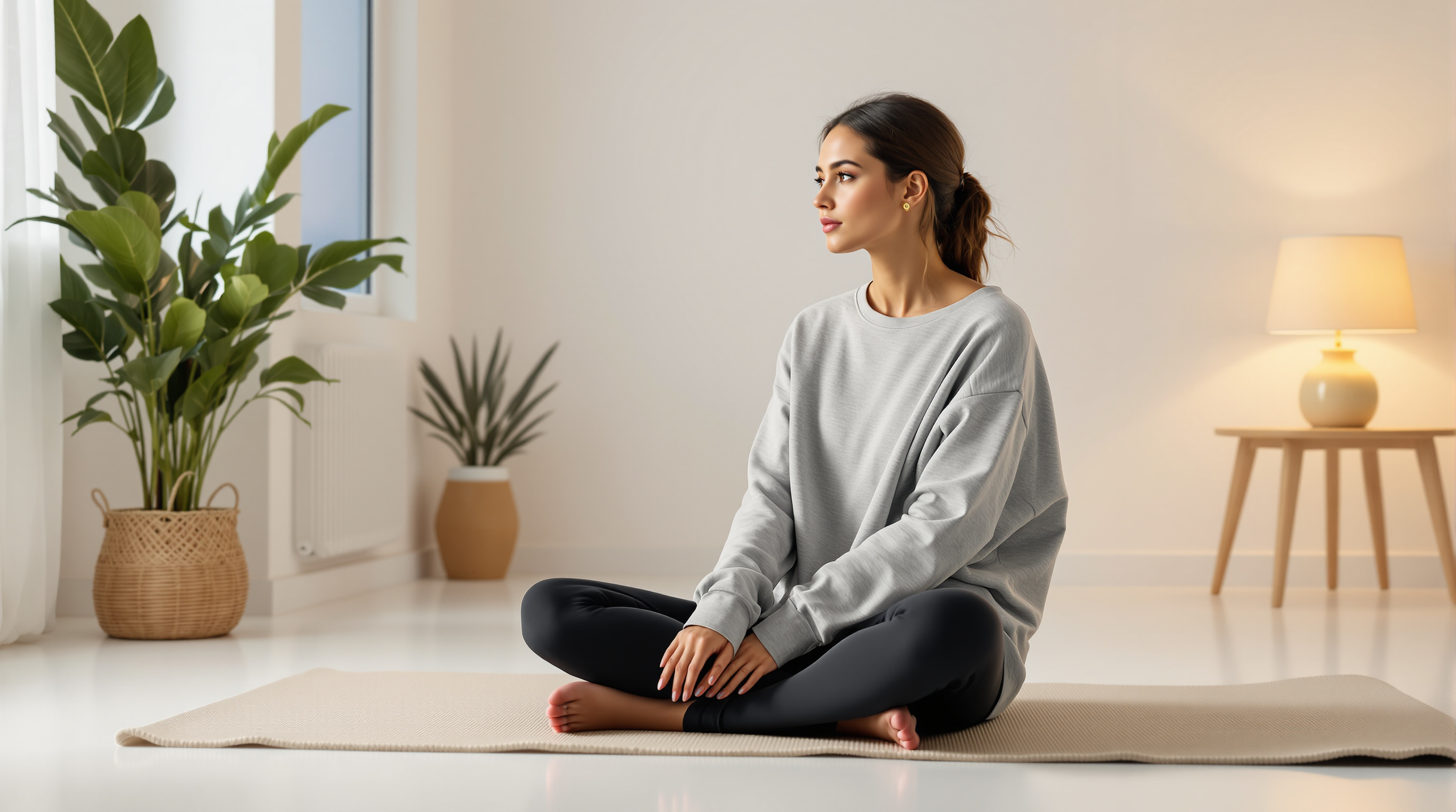 A woman sits on a mat in a bright studio with a glass of water