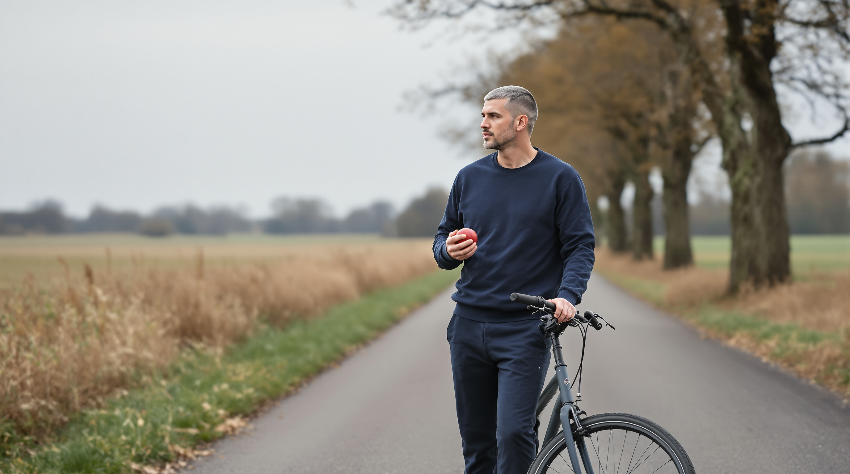 A man stands beside a bicycle in a quiet lane holding an apple