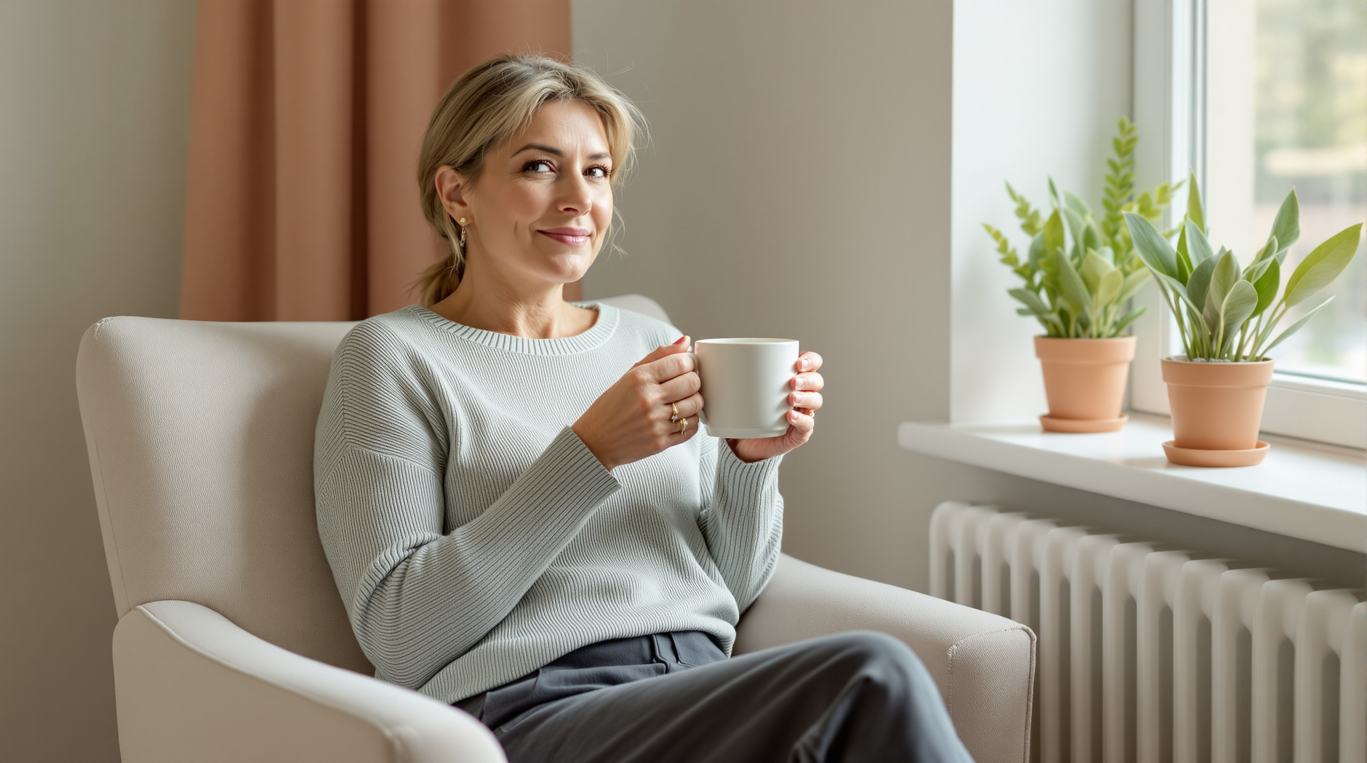 A woman in a sage knit top sits by a bright window holding a plain ceramic mug