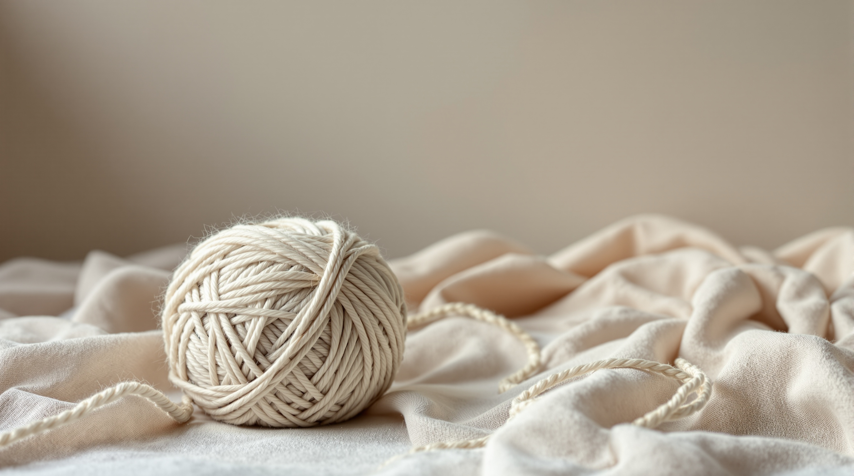 A ball of undyed wool yarn on plain linen, a close view