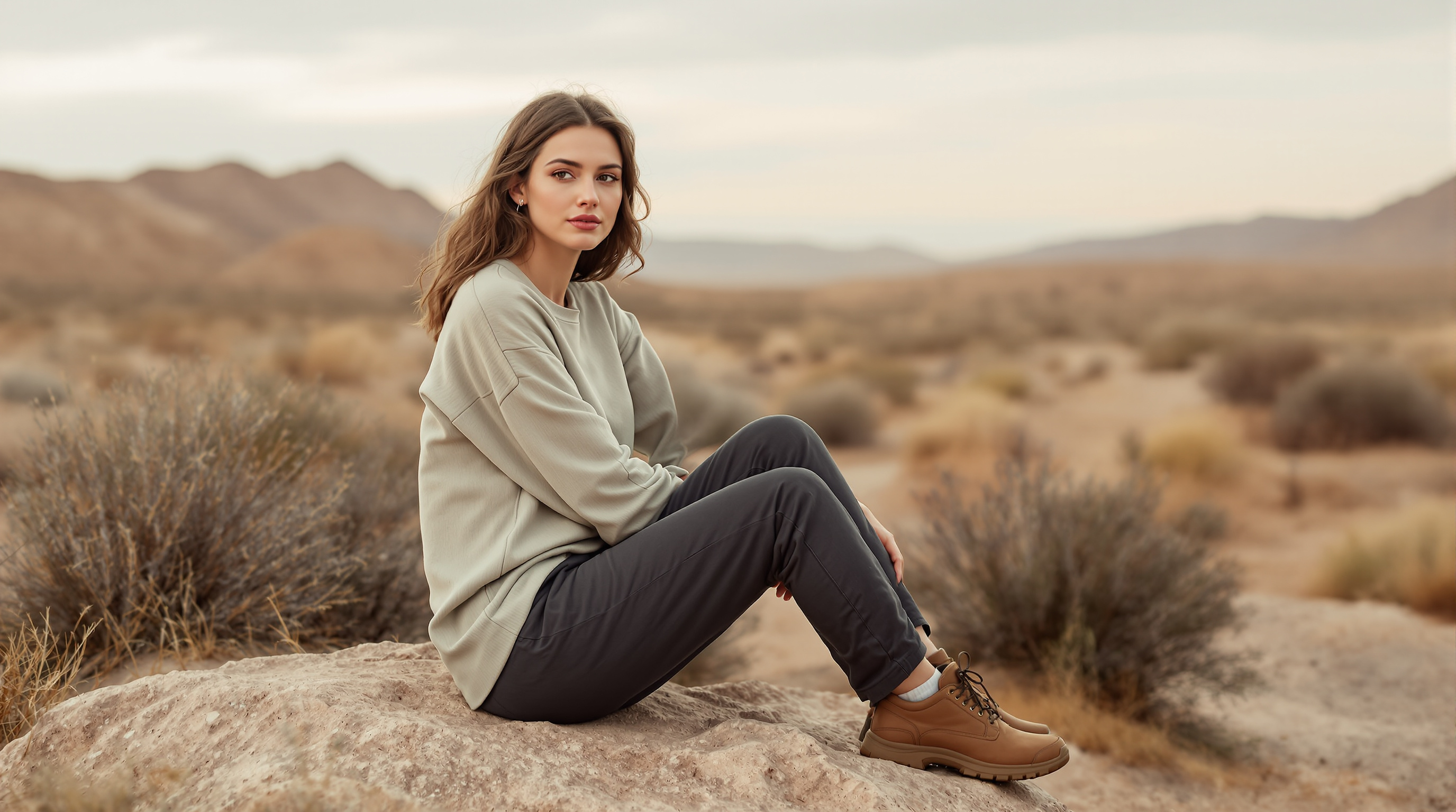 A woman in a sage hiking shirt and charcoal trousers sits on a rock beside a quiet desert trail