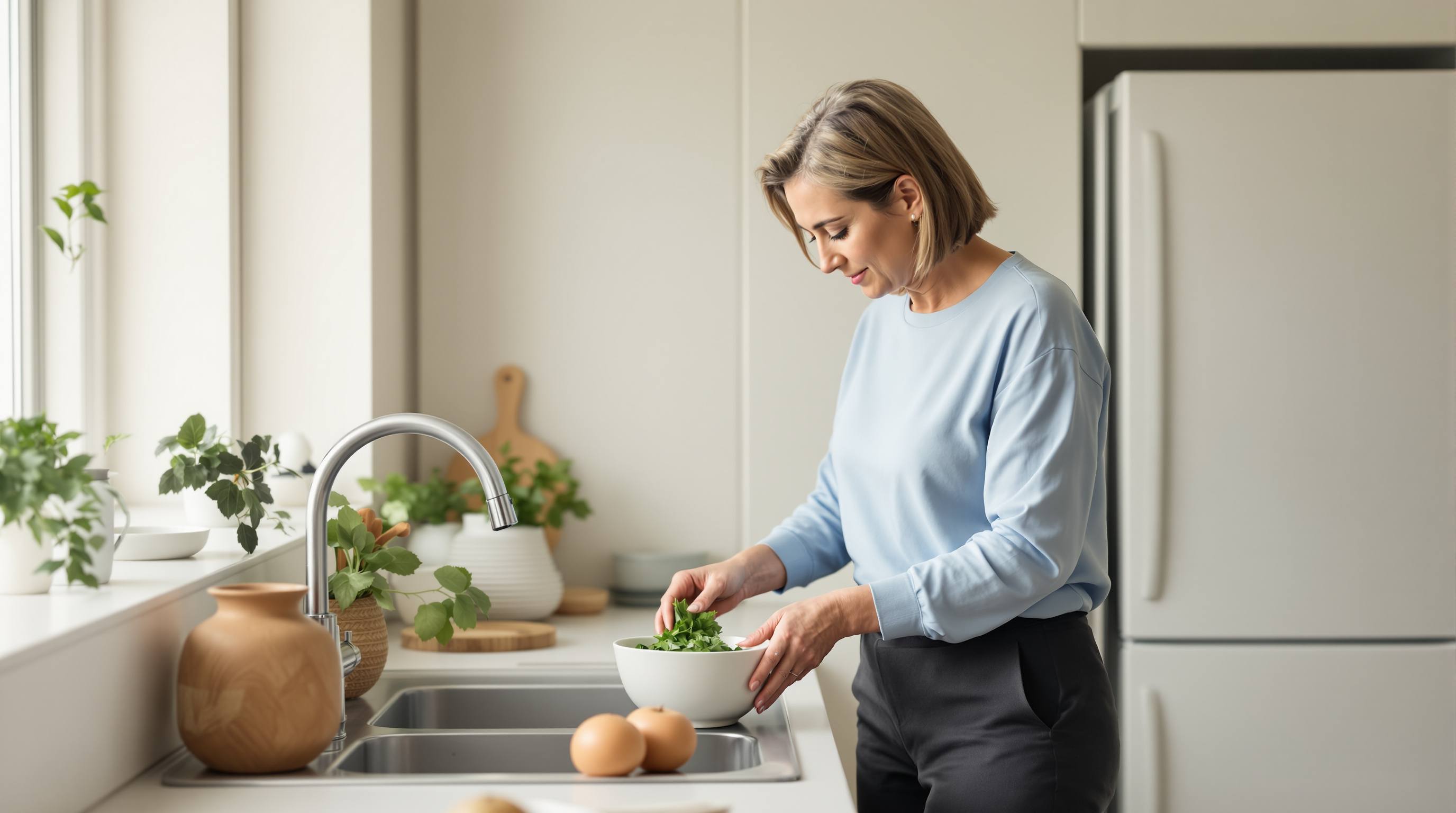 A woman rinses leafy greens in a bright matte-white kitchen
