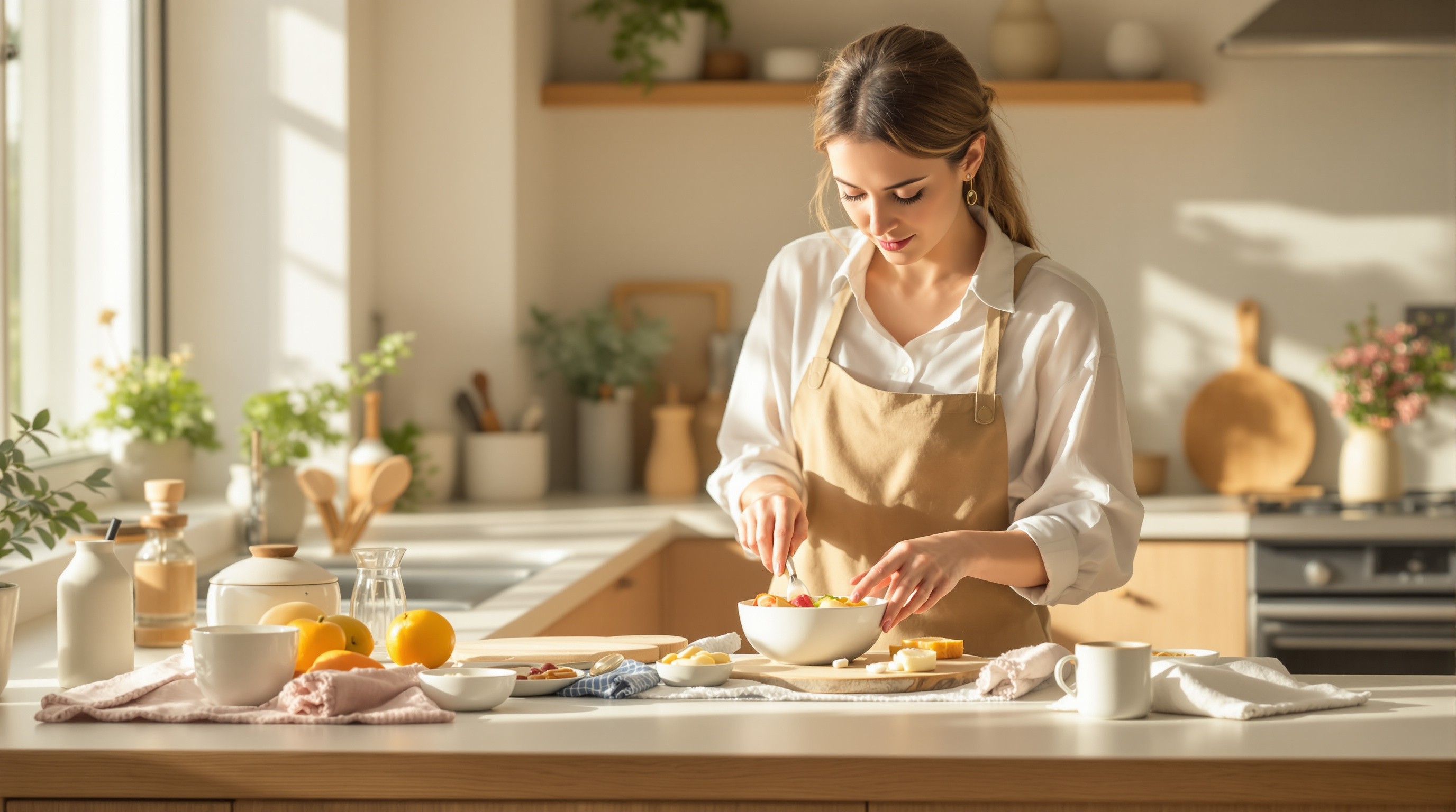 A woman prepares a simple breakfast at a sunlit kitchen counter of warm wood and pale stone