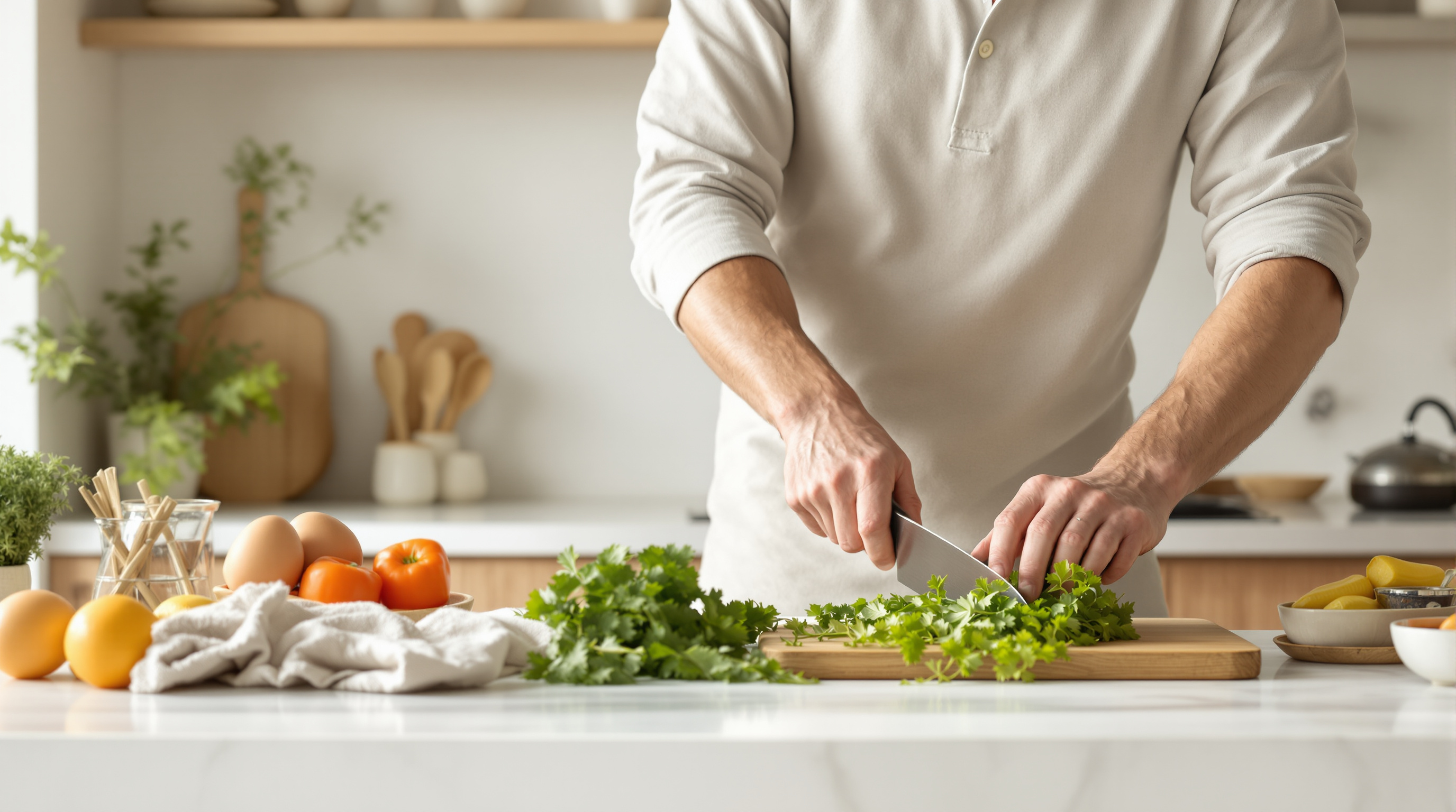 A man chopping fresh herbs at a kitchen counter in soft morning light