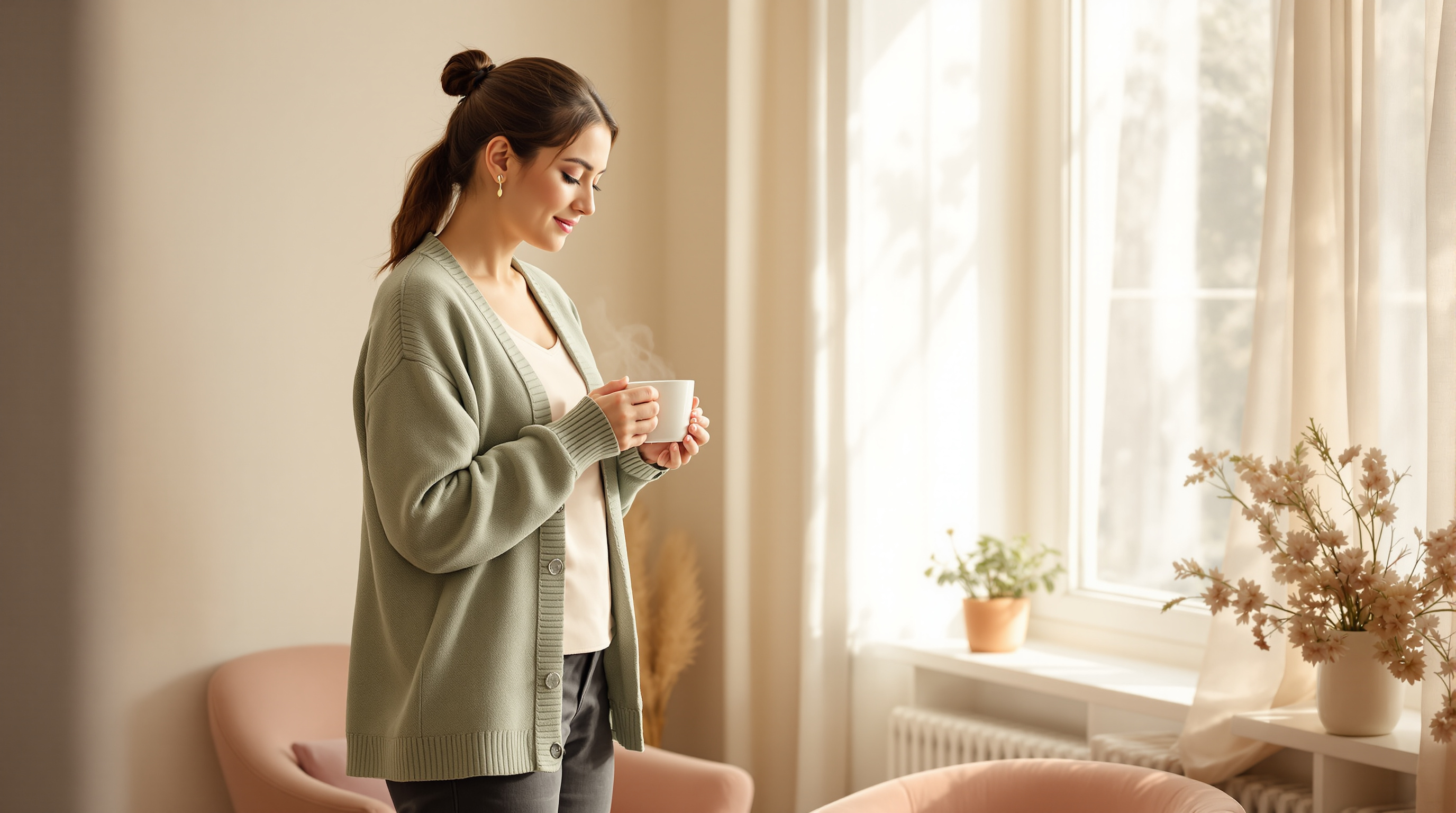 A woman in a sage cardigan holds a mug of tea in a quiet sunlit sitting room